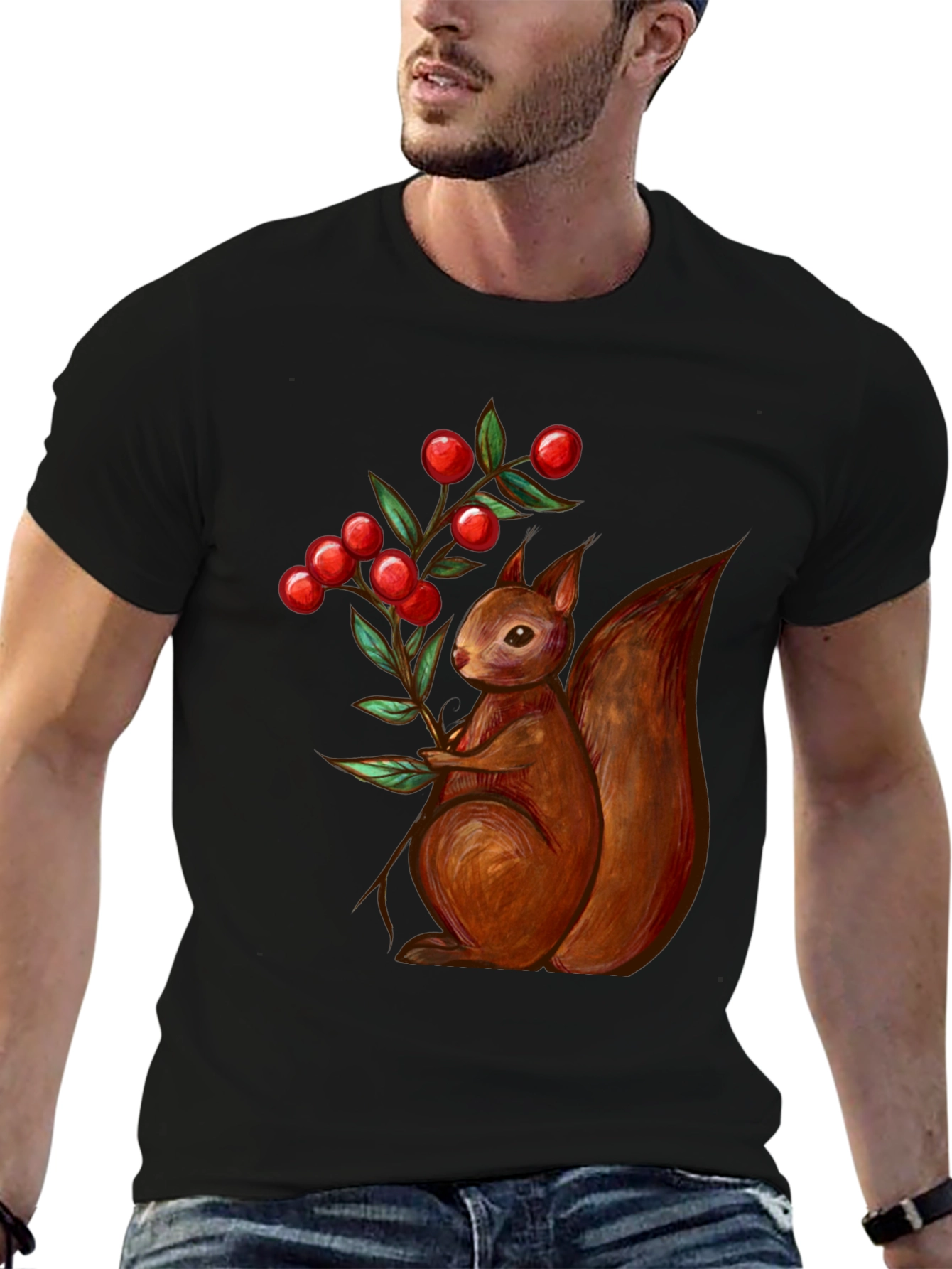 Black Squirrel & Berries Graphic Tee - Stylish Men's T-Shirt view 6