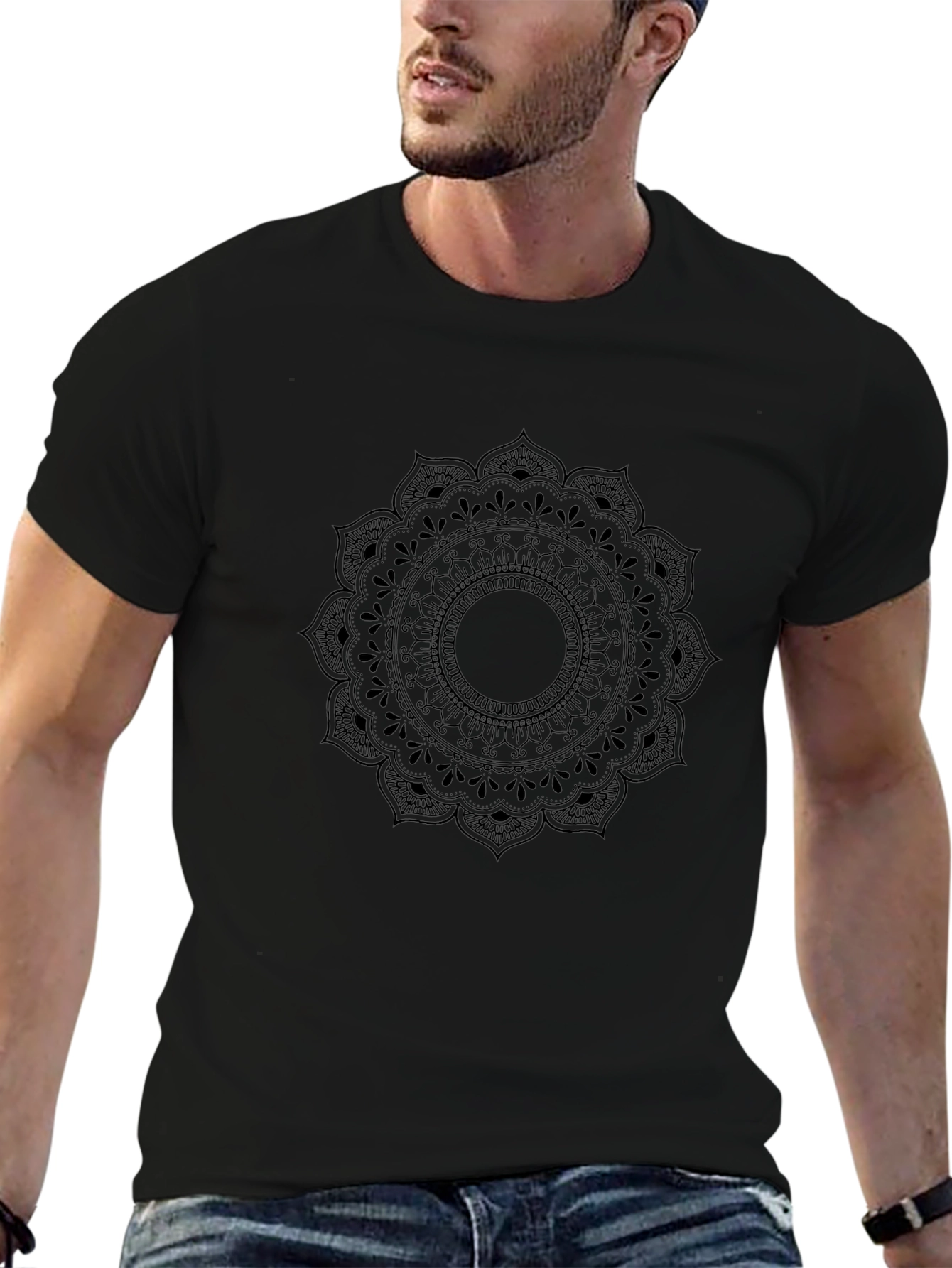 Black Black Mandala Print Crew Neck T-Shirt view 6