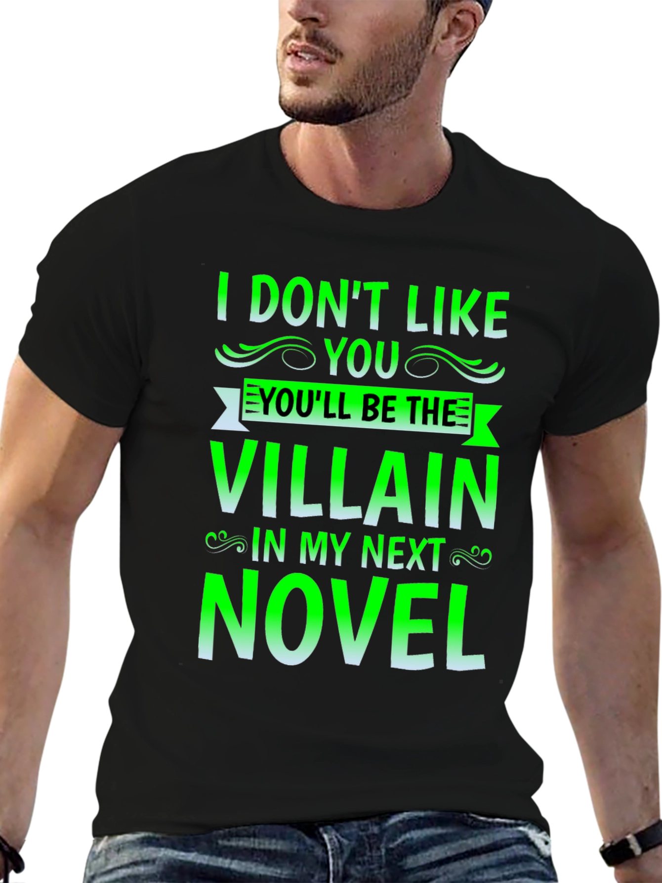Black Villain Novel Black T-Shirt - Funny Writer Tee view 6