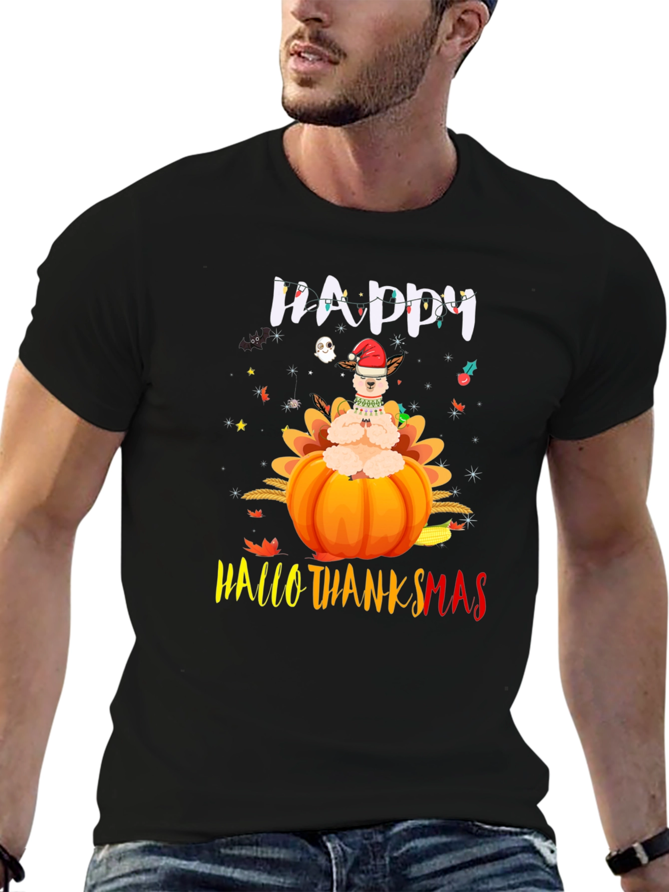 Black Happy HalloThanksmas Llama T-Shirt view 6