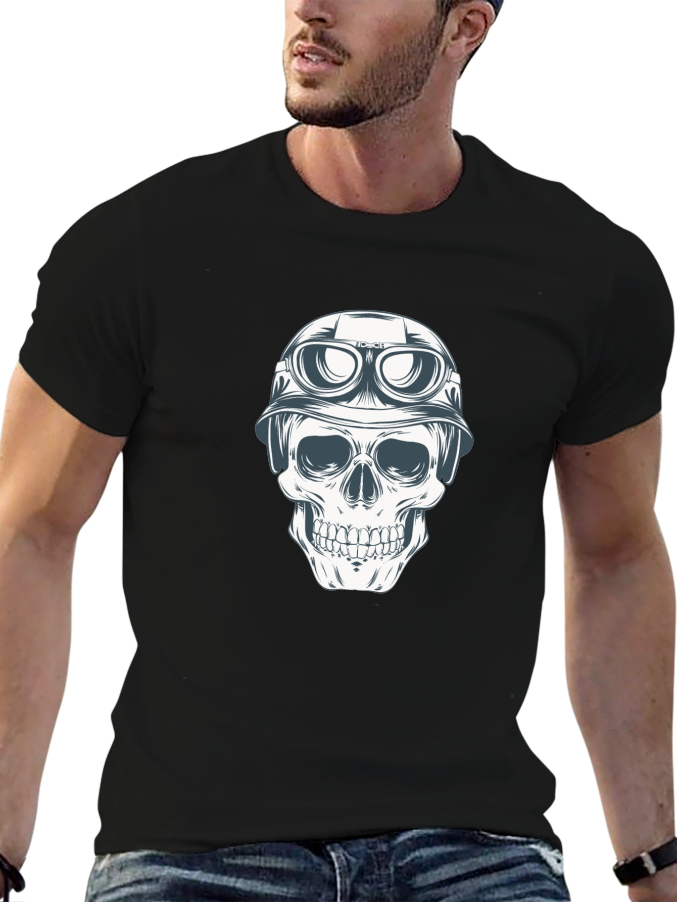 Black Skull in Helmet Graphic Tee - Black Cotton T-Shirt view 6