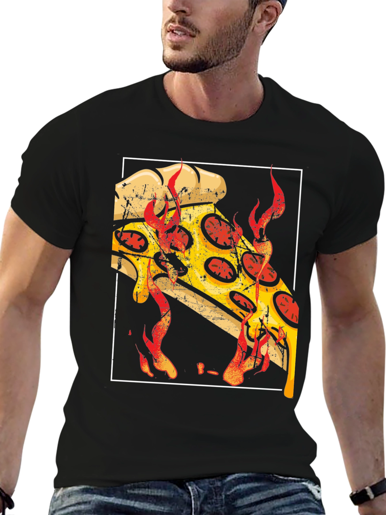 Fiery Pizza Graphic Tee - Black Cotton T-Shirt - 6