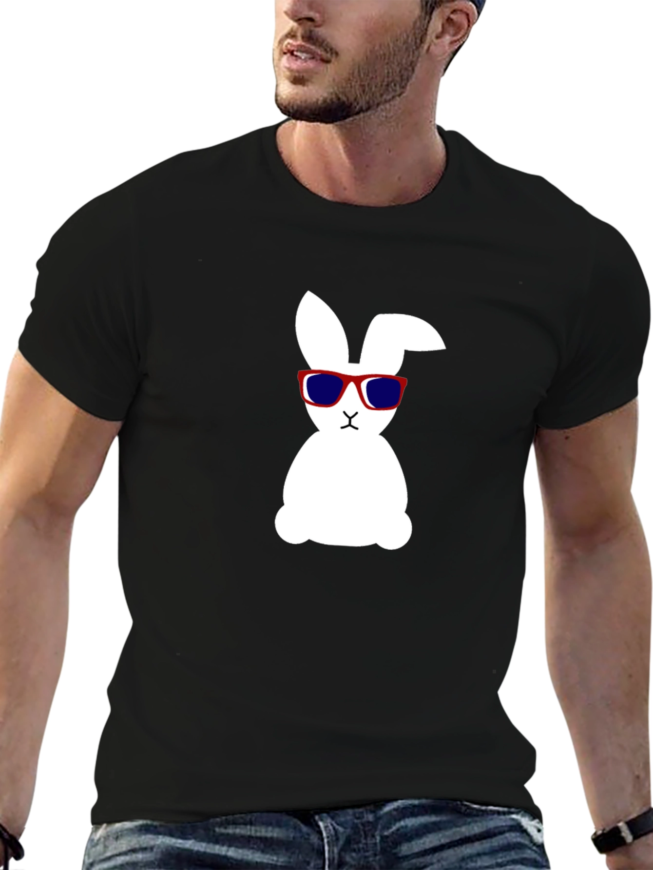 Black Cool Bunny Graphic Tee - Black Cotton Shirt view 6