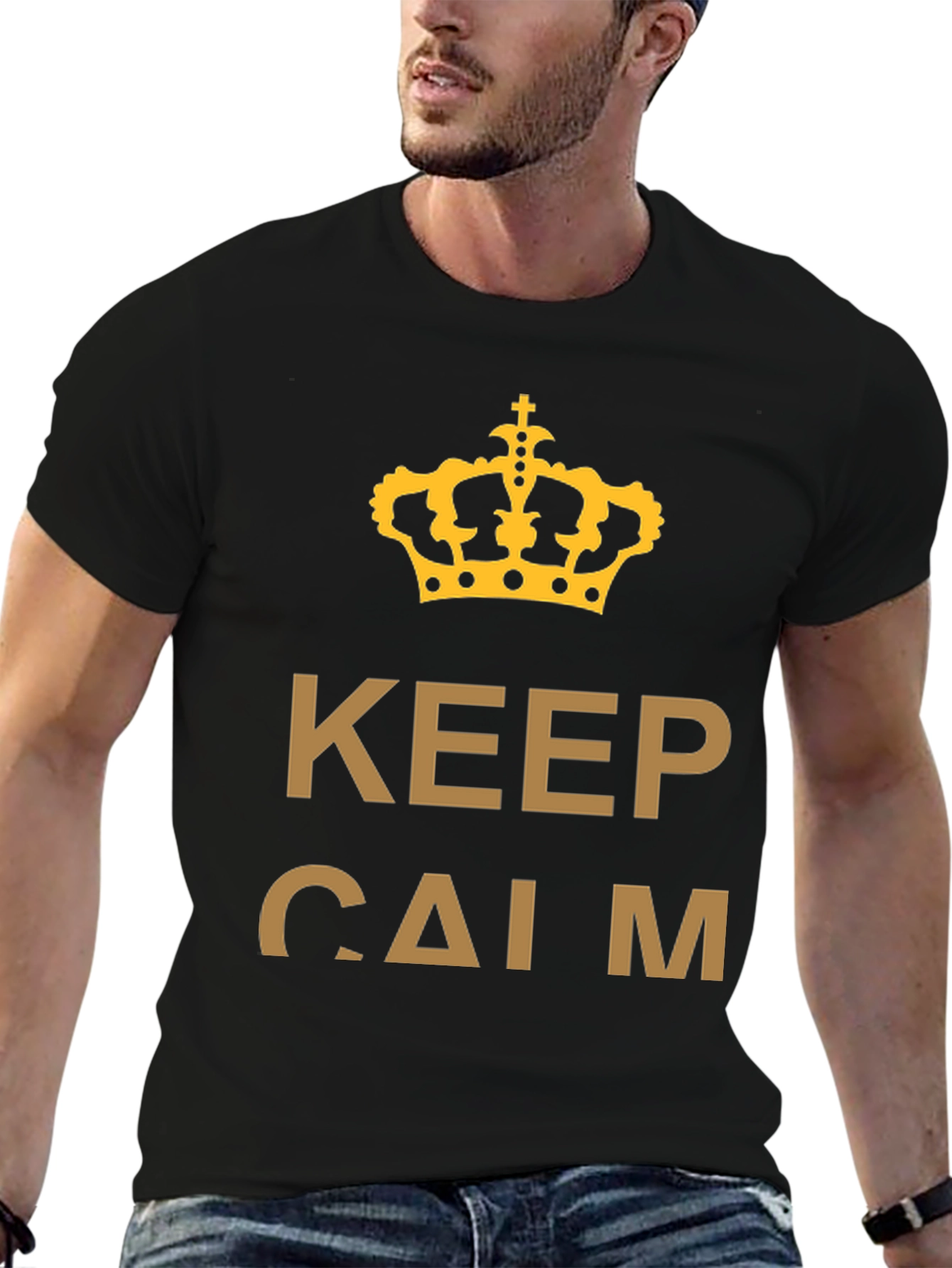Black Keep Calm Crown T-Shirt - Gold Print on Black view 6