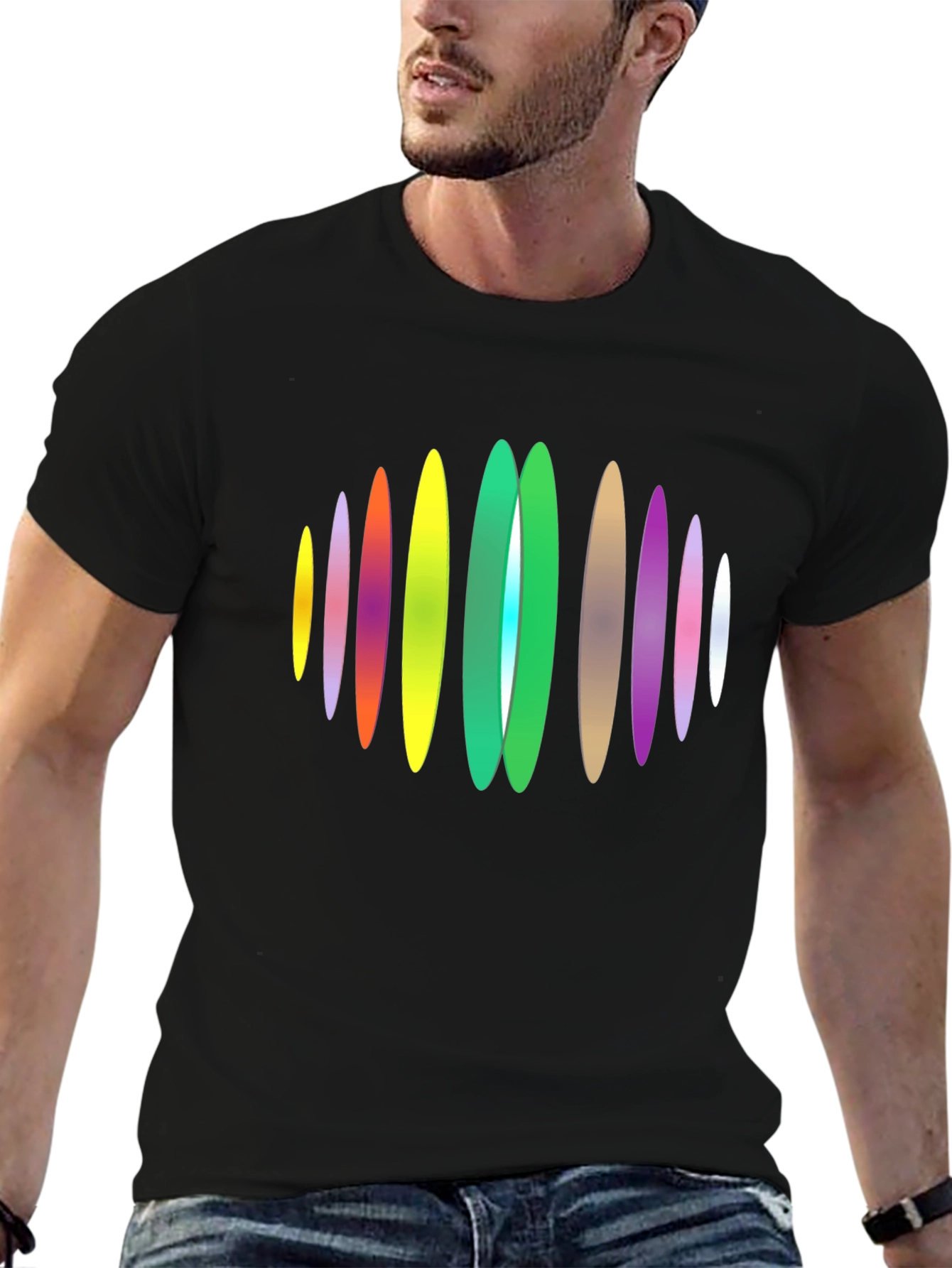 Black Abstract Oval Design Black T-Shirt view 6