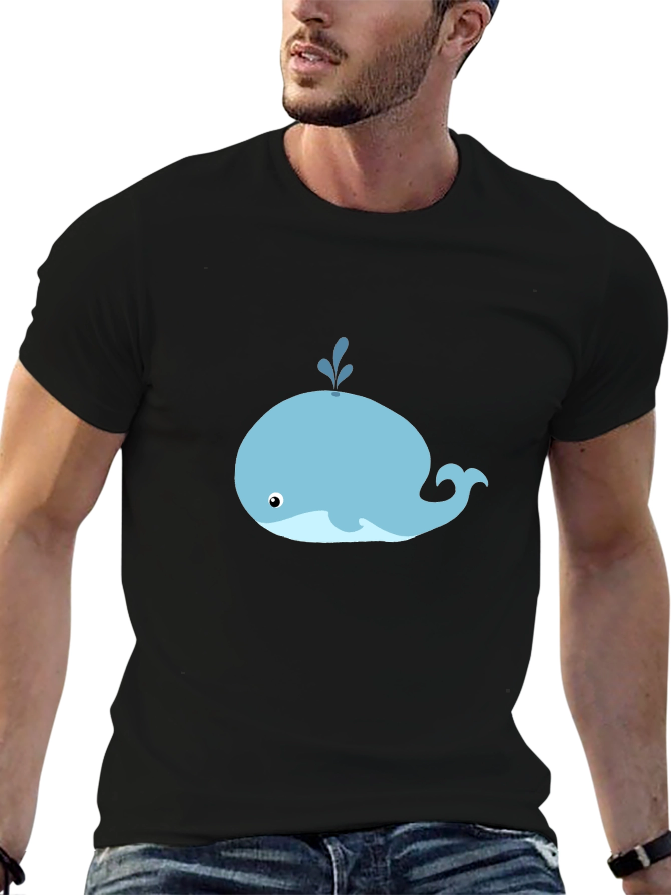 Black Cute Whale Graphic Tee - Black Cotton T-Shirt view 6