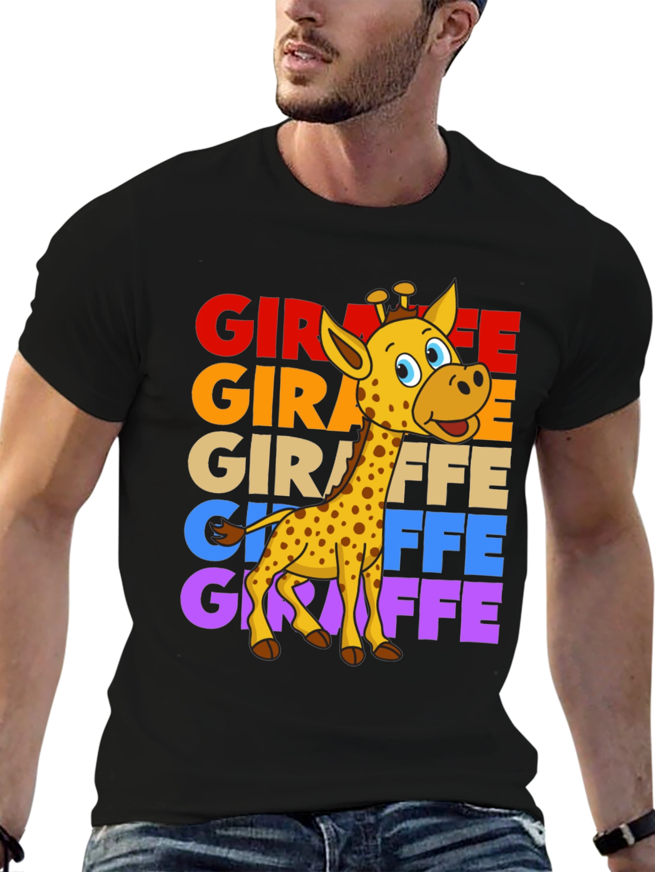 Black Giraffe Graphic Tee - Colorful Cartoon Giraffe Design view 6