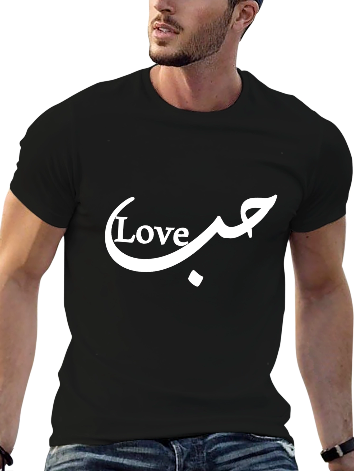 Black Love Arabic Script Graphic Tee - Black Cotton Blend Shirt view 6