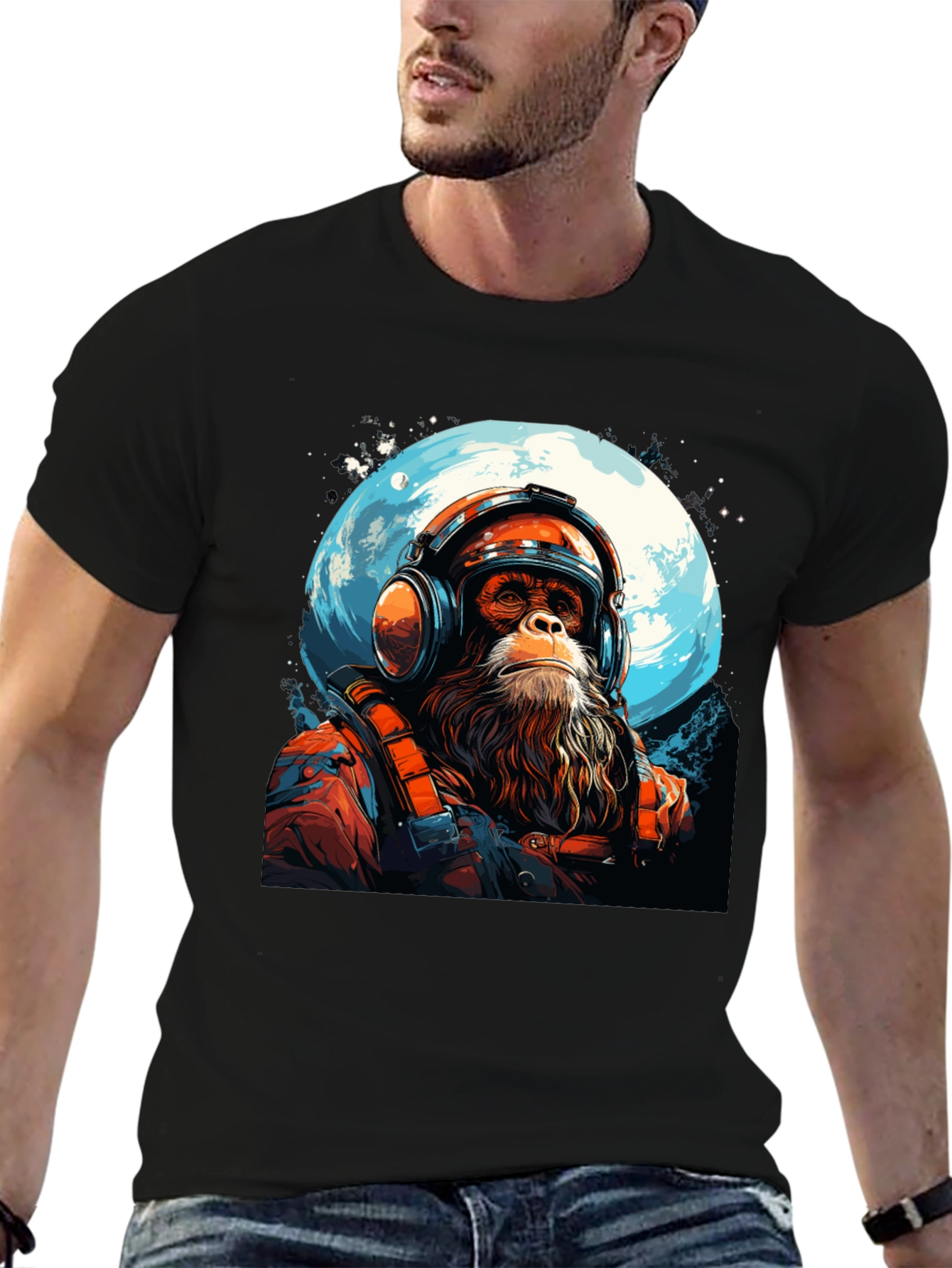 Black Astro Chimp Graphic Tee - Moon Landing Design view 6