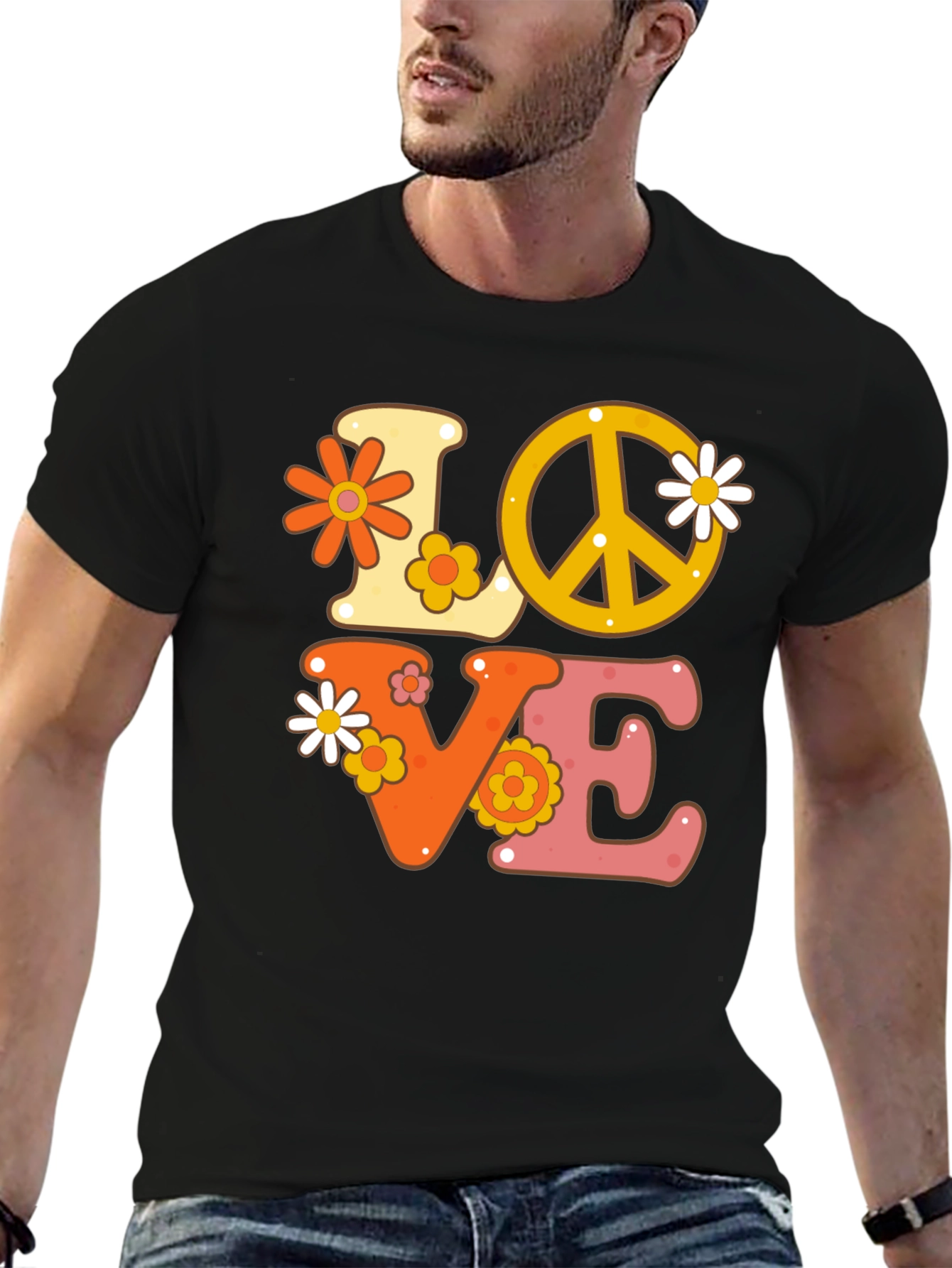 Black Retro Love Peace Sign Graphic Tee view 6
