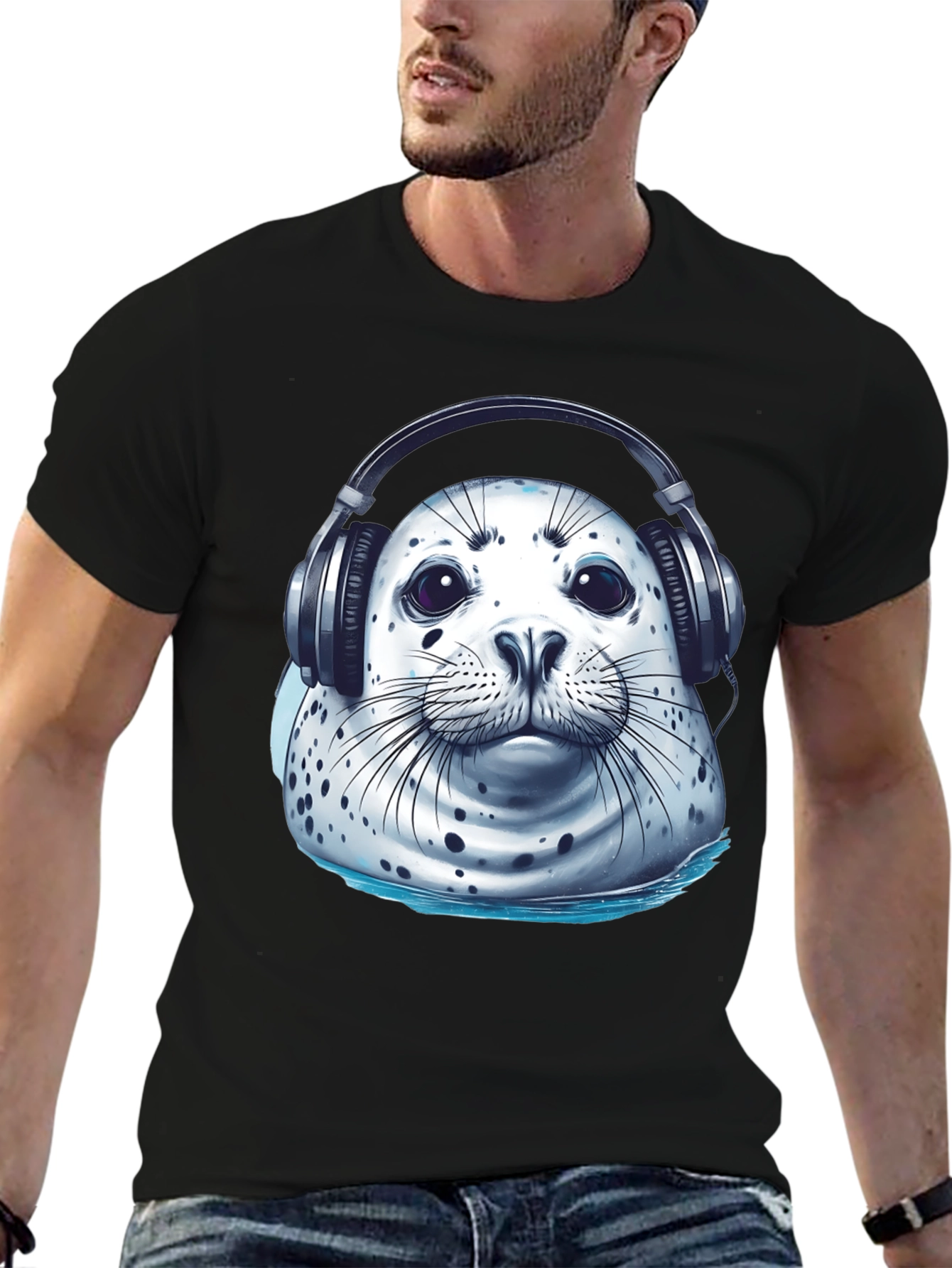 Black Seal with Headphones Graphic Tee view 6