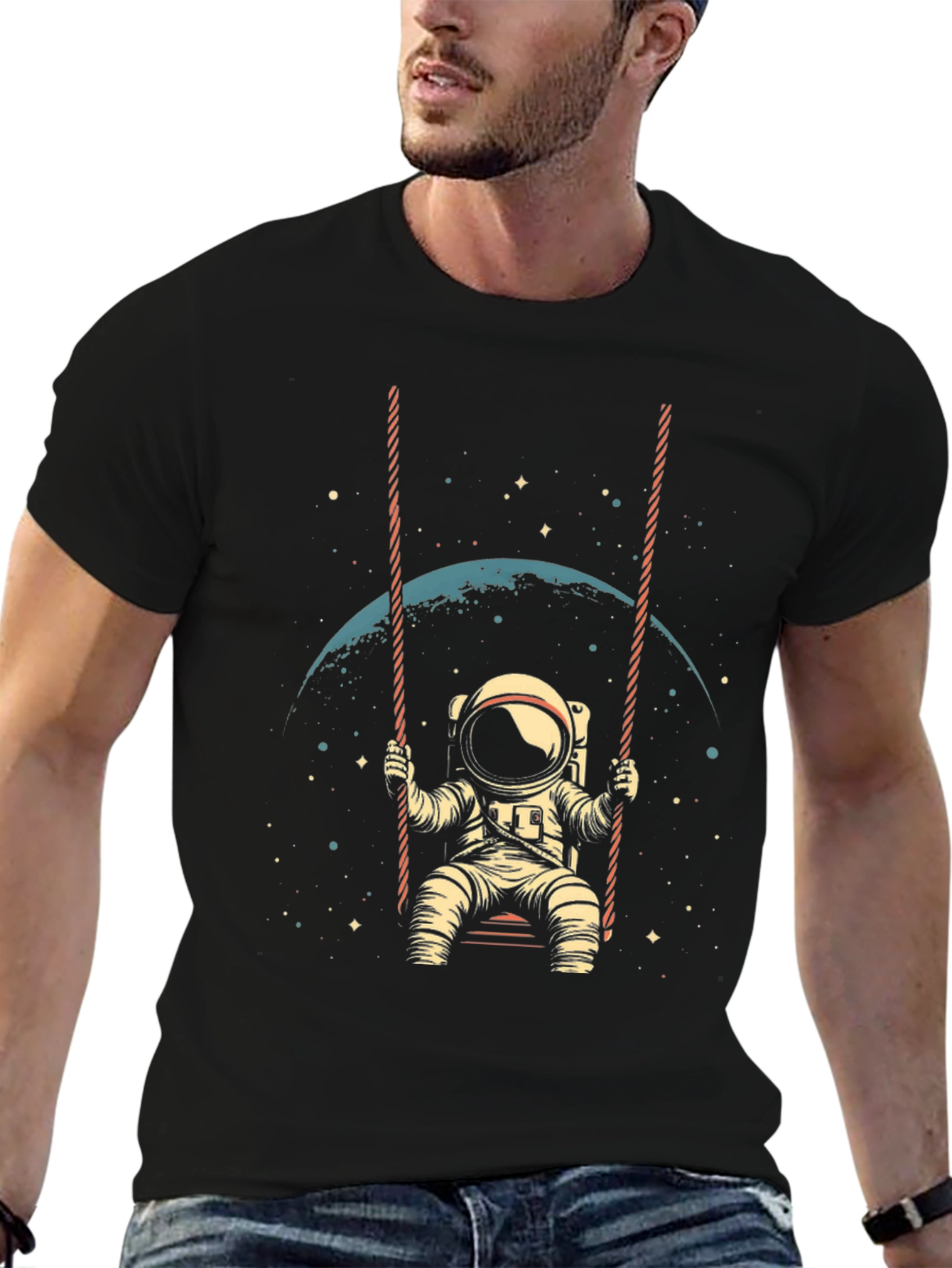 Black Astronaut on Swing T-Shirt - Space Lover Tee view 6