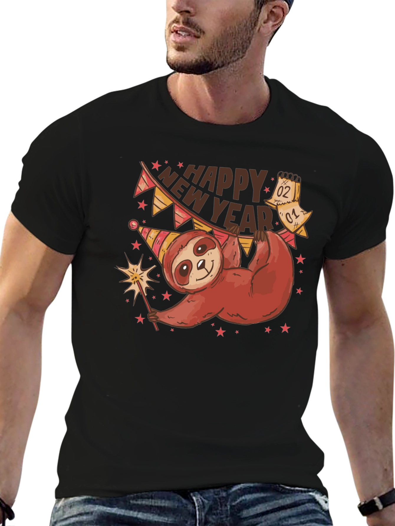 Black Happy New Year Sloth T-Shirt view 6