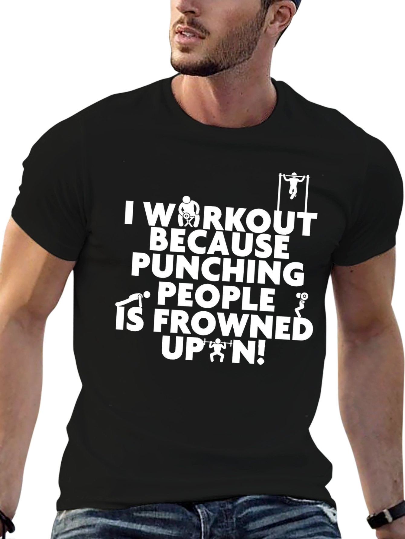 Black Workout Motivation T-Shirt: Punching People Frowned Upon! view 6