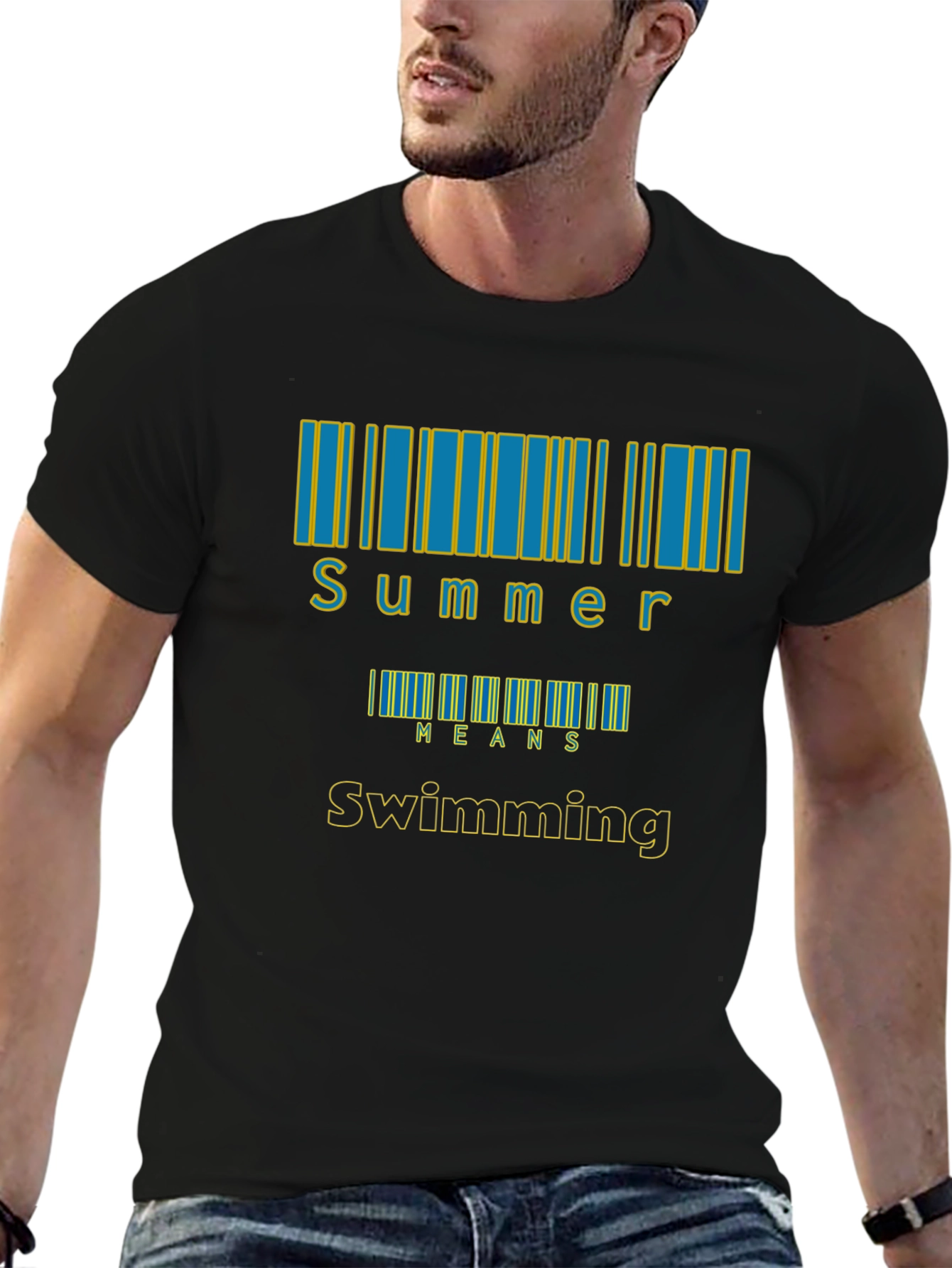 Black Summer Swimming T-Shirt, Barcode Design view 6