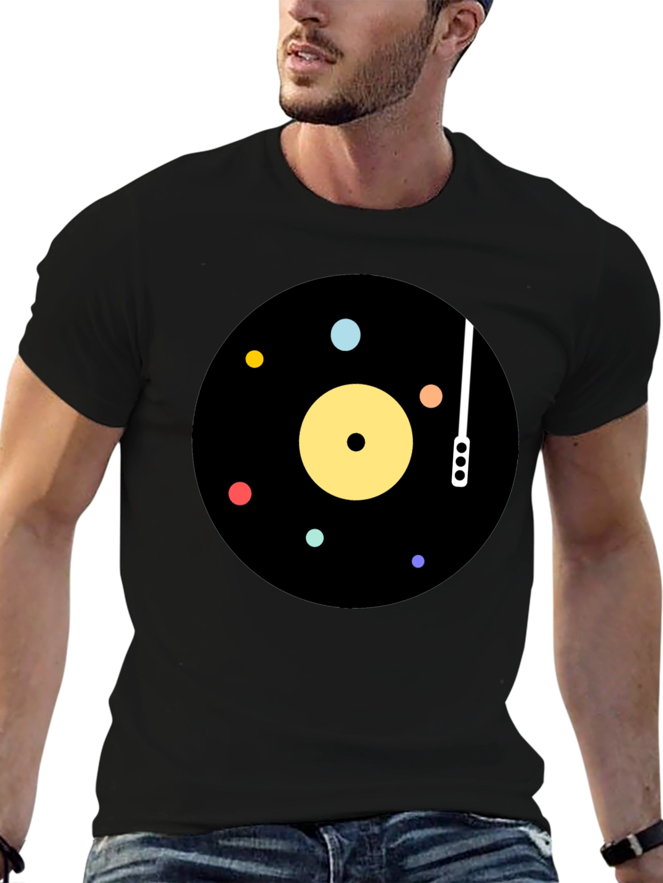 Black Retro Vinyl Record Graphic T-Shirt view 6