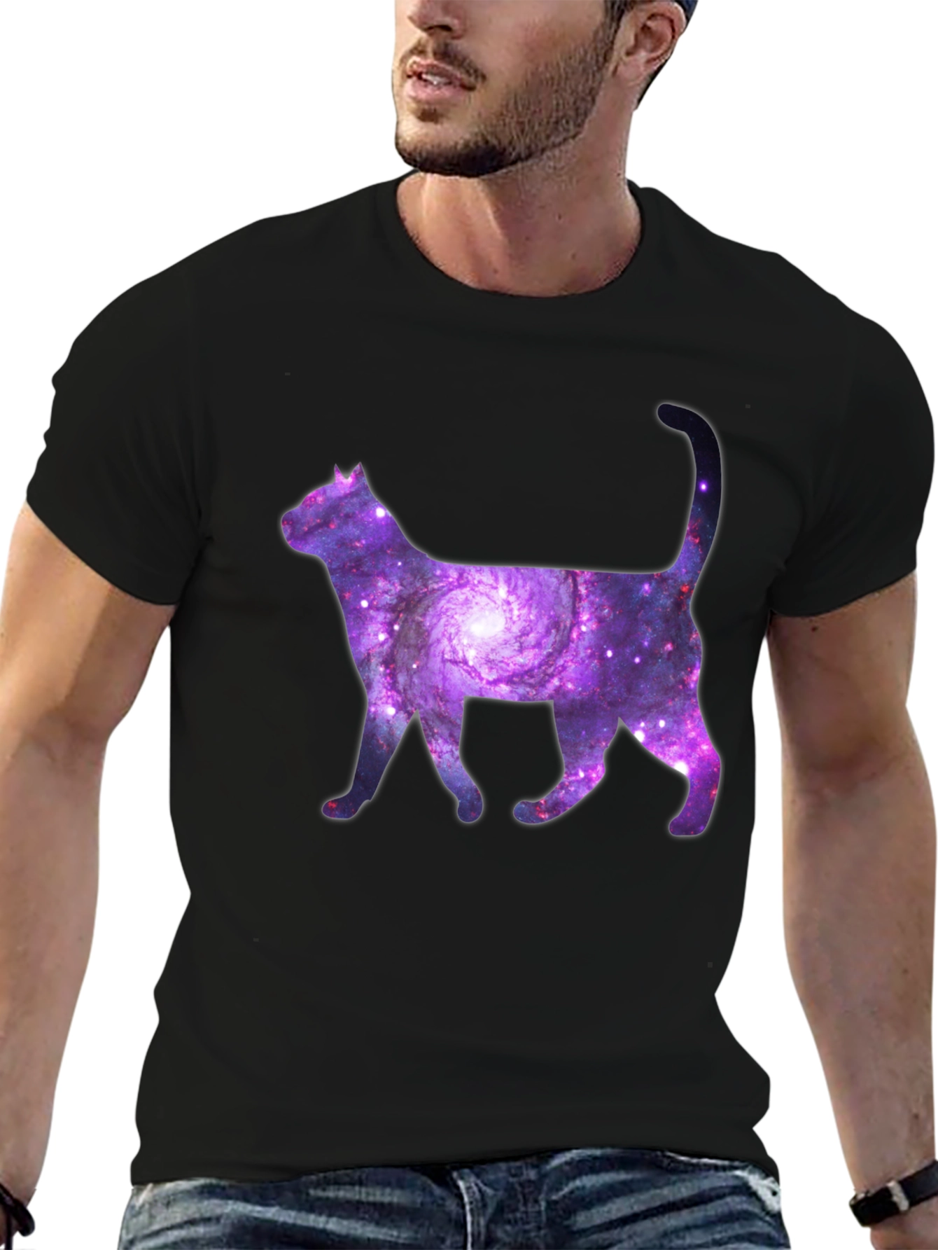 Black Galaxy Cat Graphic Tee - Trendy Space Design view 6