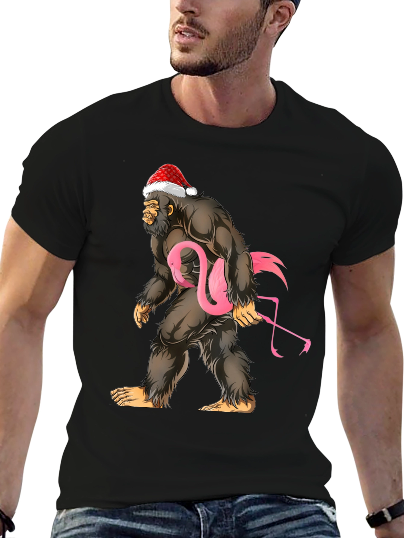 Black Bigfoot Santa Flamingo T-Shirt view 6