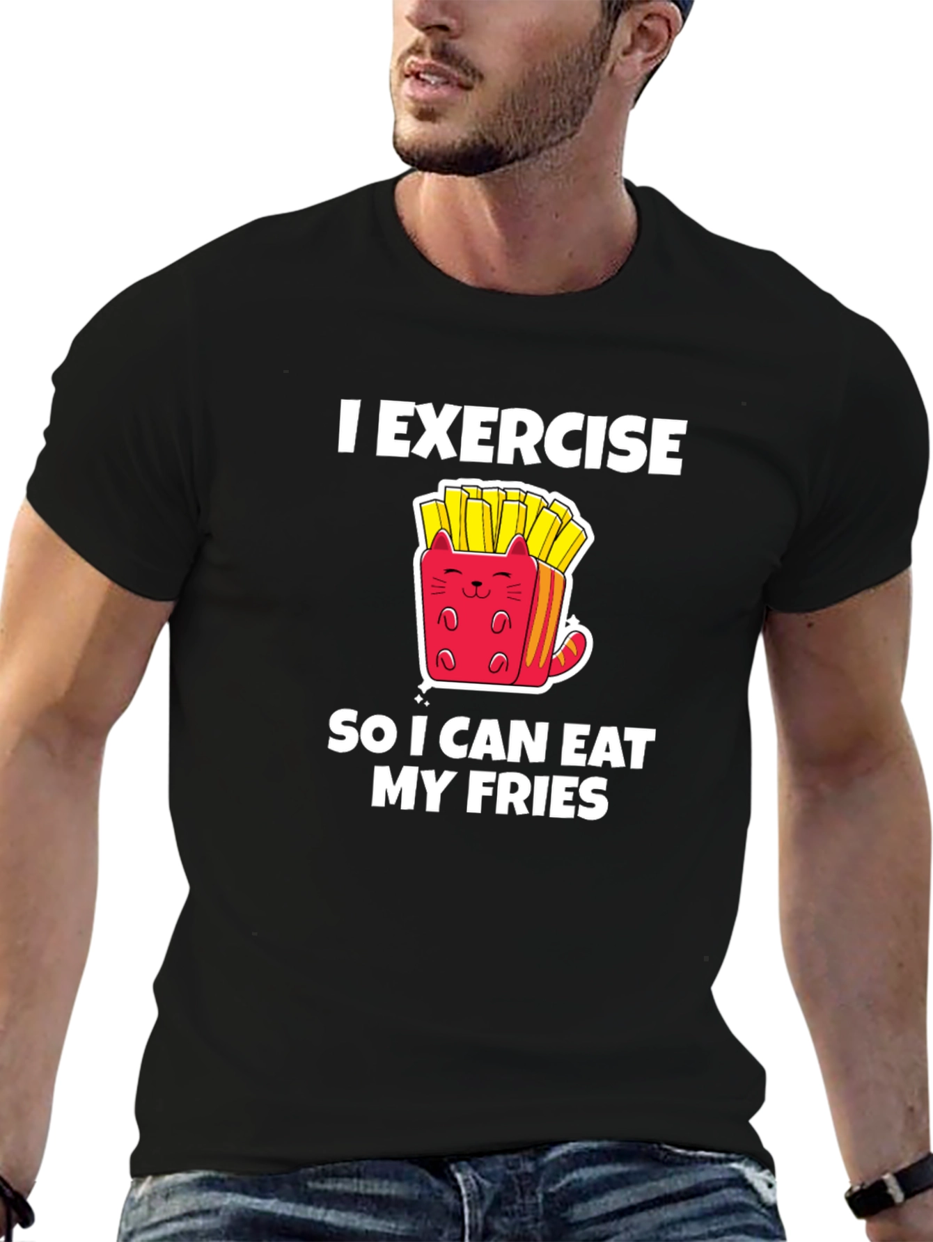 Black Exercise Eat Fries Black T-Shirt view 6