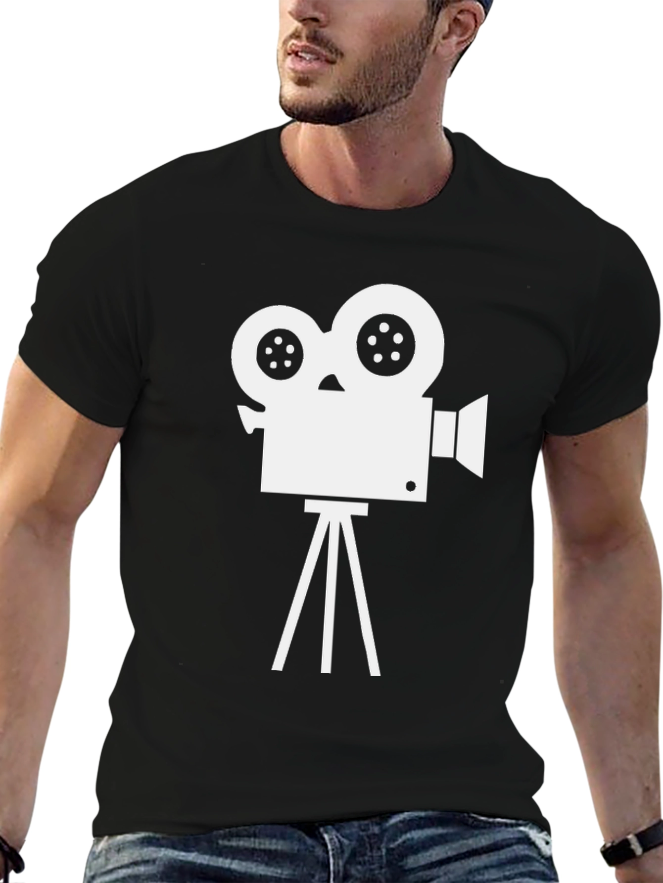 Black Retro Movie Camera Graphic Tee - Black Cotton Blend view 6