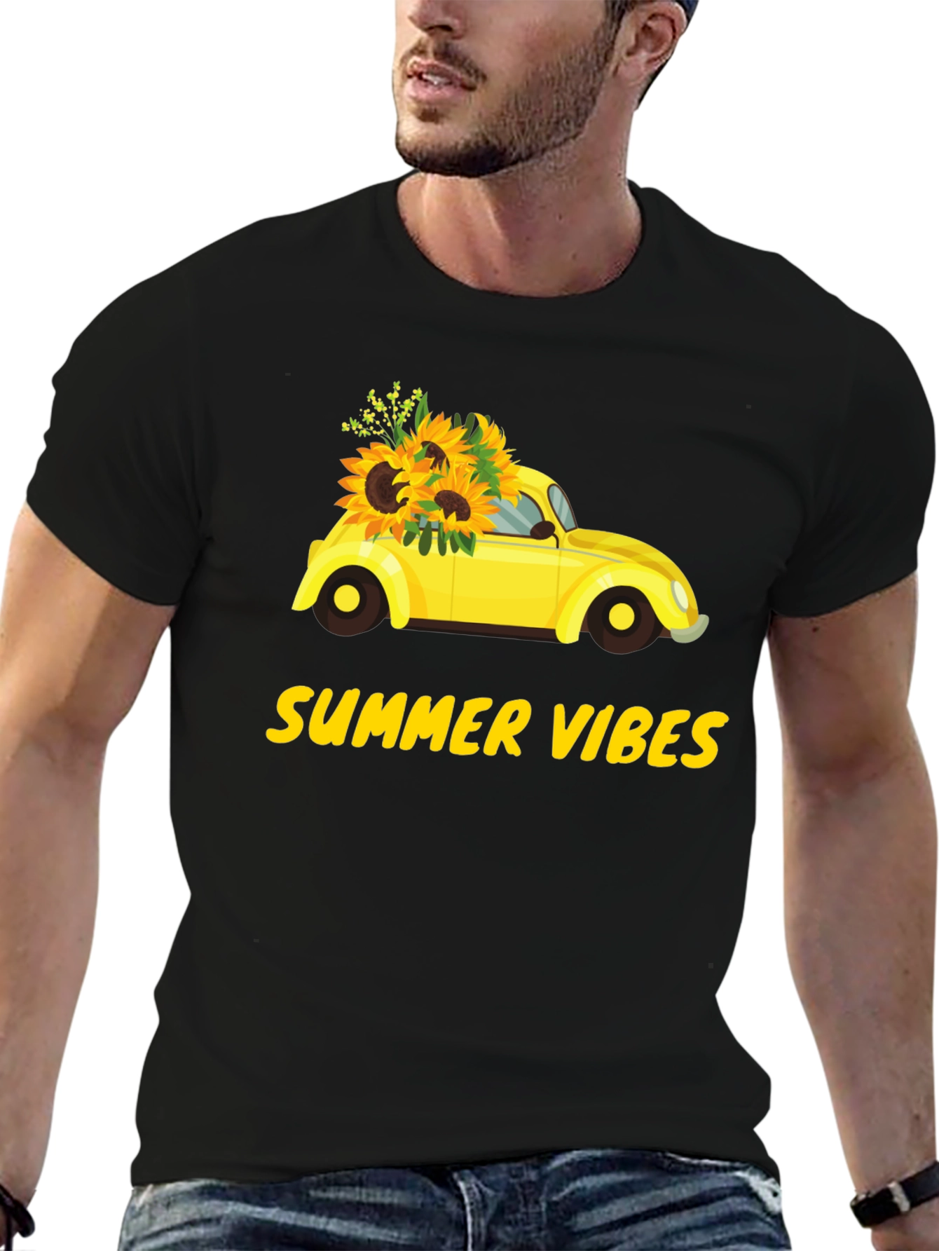 Black Summer Vibes Sunflower Car Graphic T-Shirt view 6