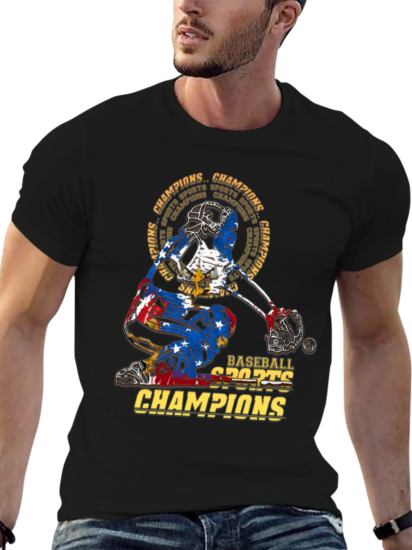 Black Baseball Catcher Champions T-Shirt view 6