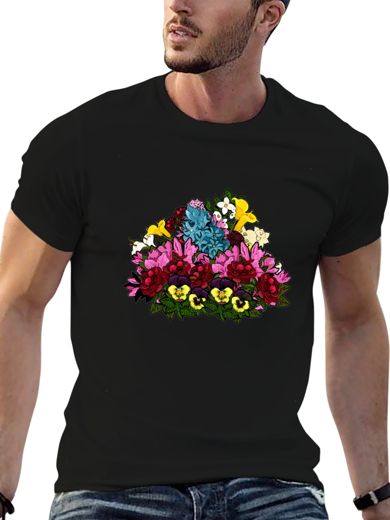 Black Floral Bouquet Graphic Black T-Shirt view 6