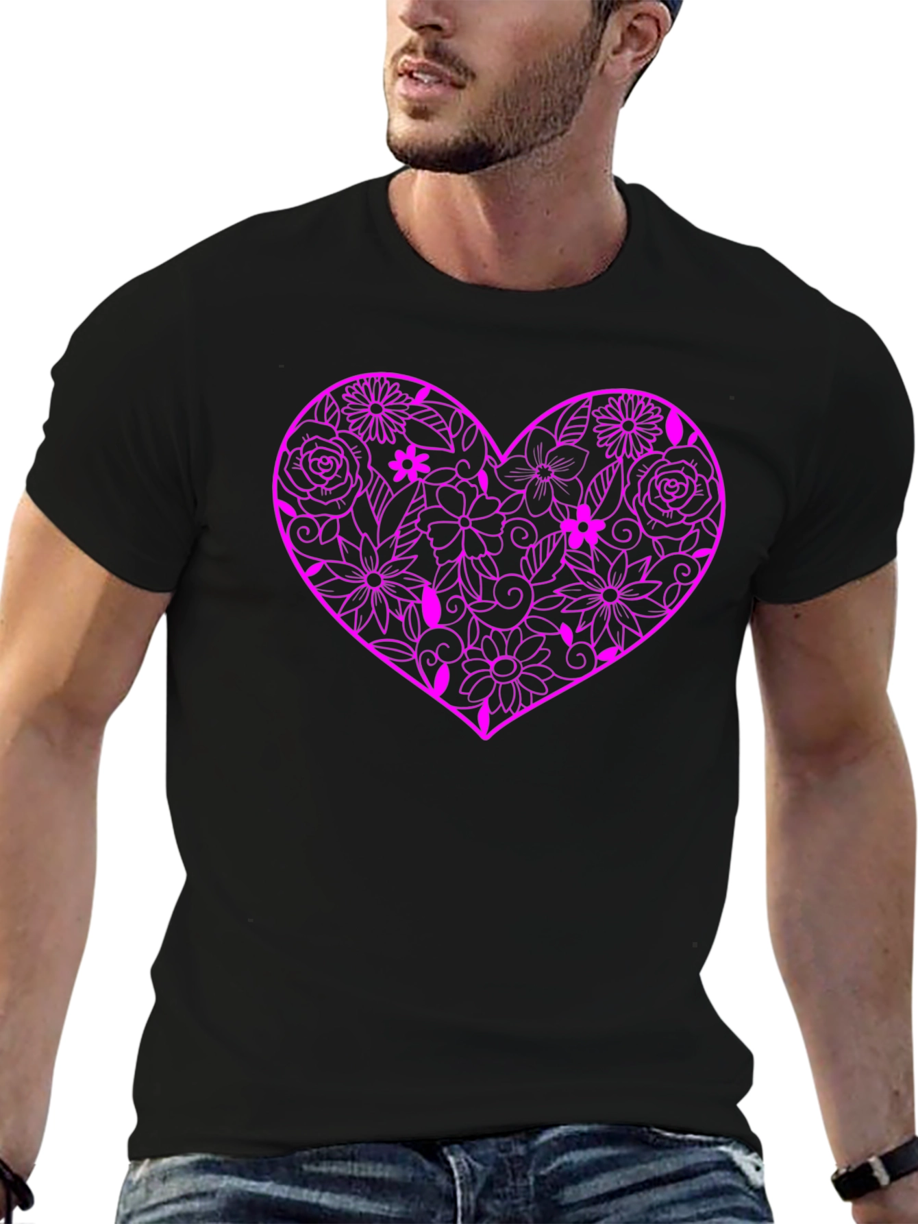 Floral Heart Graphic Black T-Shirt - 6