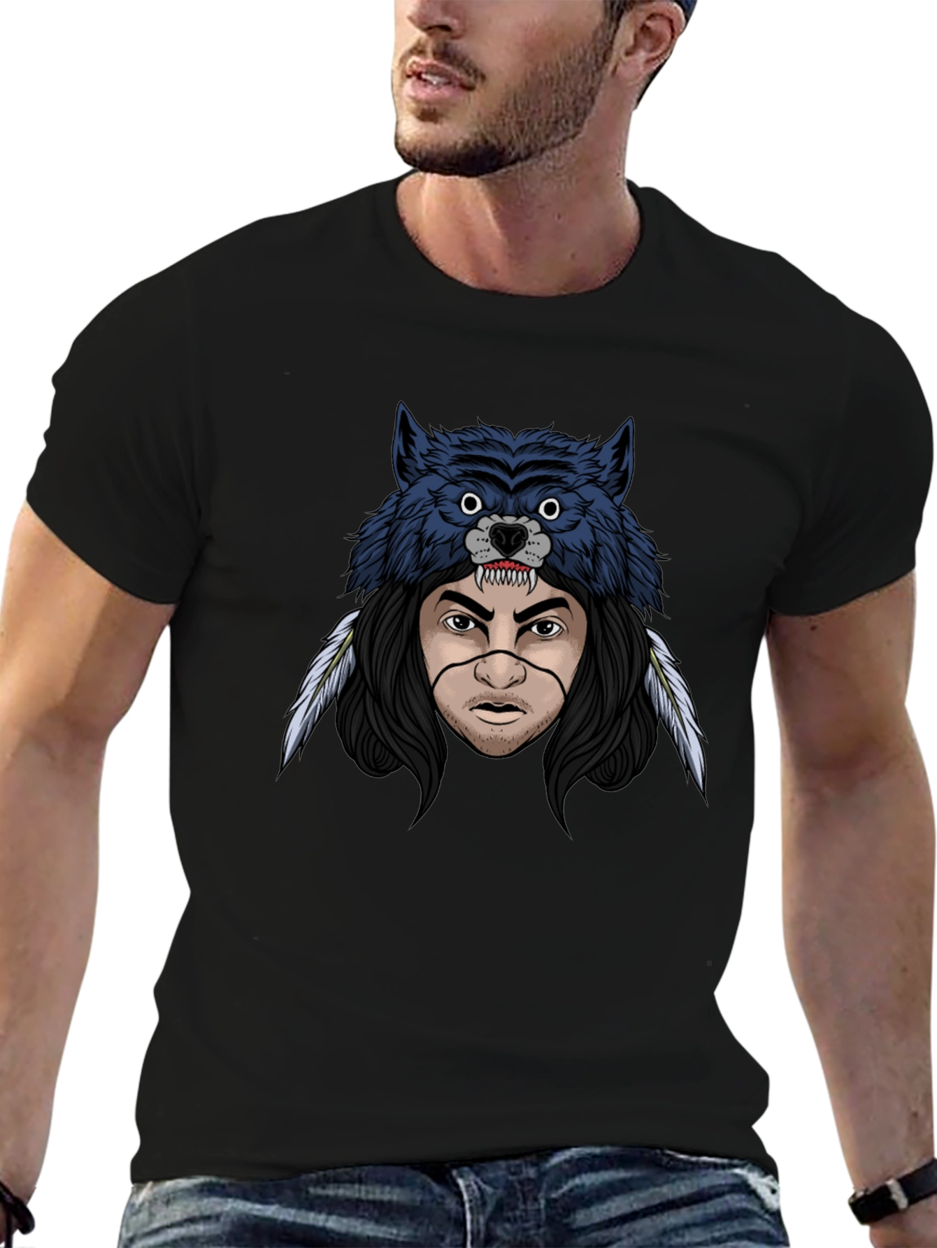 Black Wolf Headdress Graphic T-Shirt - Men's Black Tee view 6