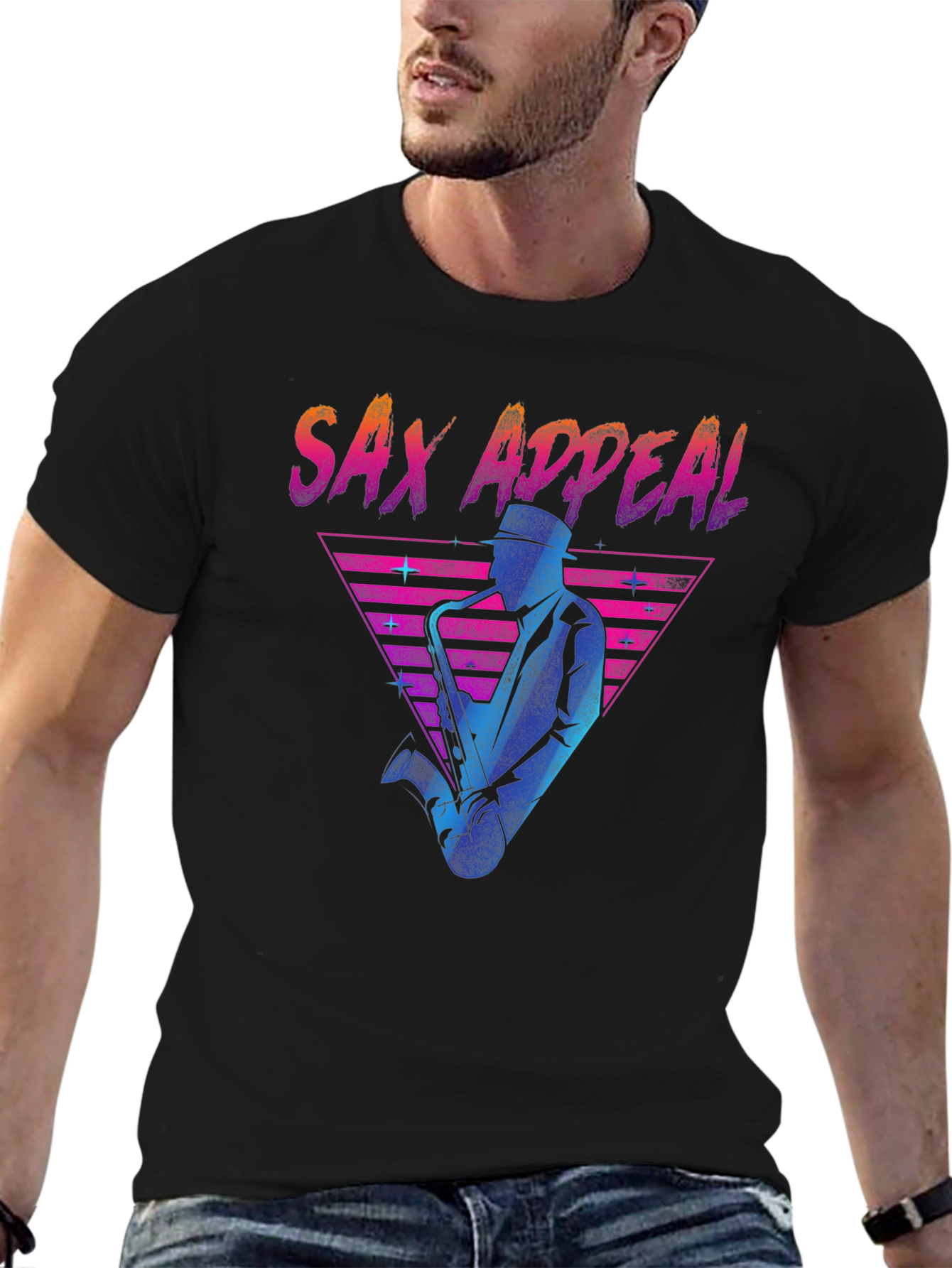 Black Sax Appeal T-Shirt - Retro 80s Design view 6