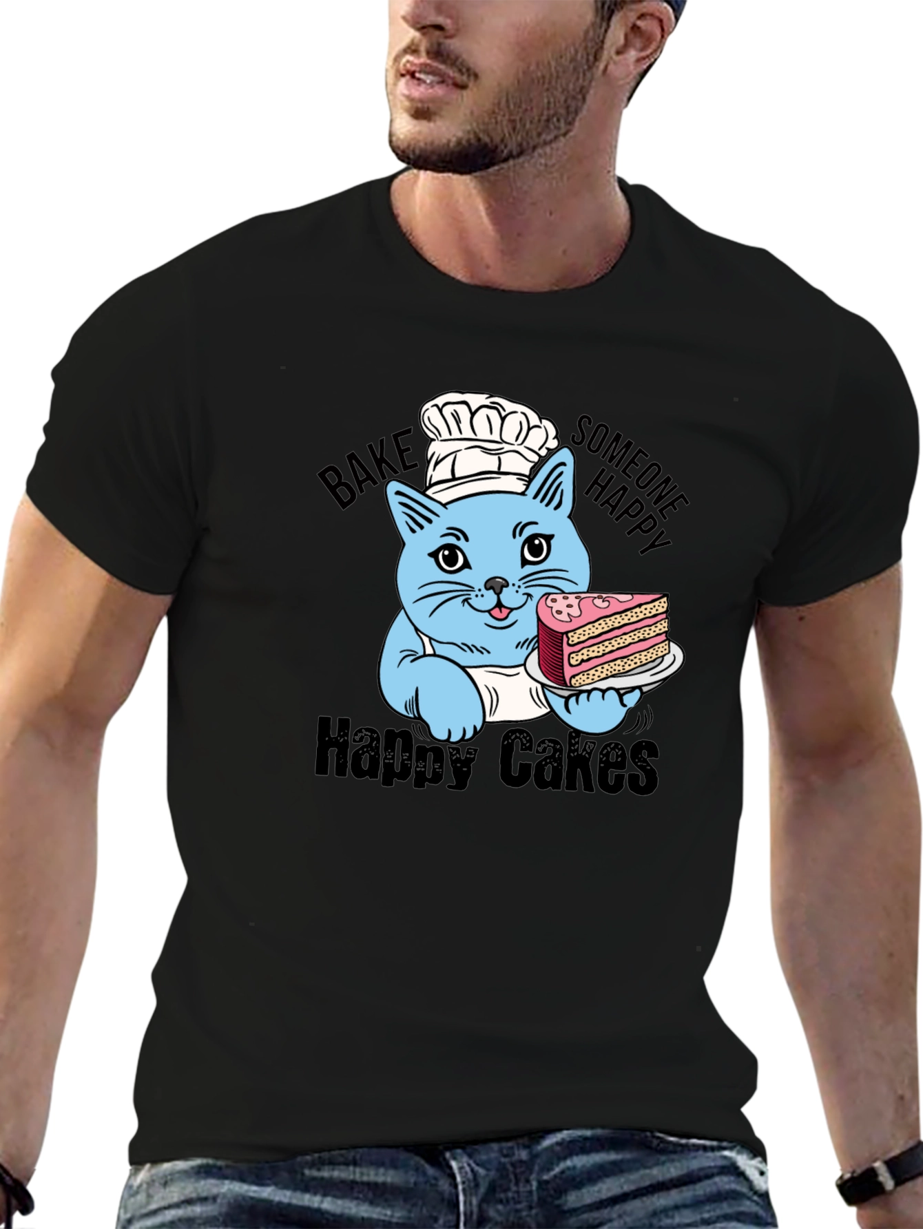Black Happy Cakes T-Shirt: Cute Cat Baker view 6