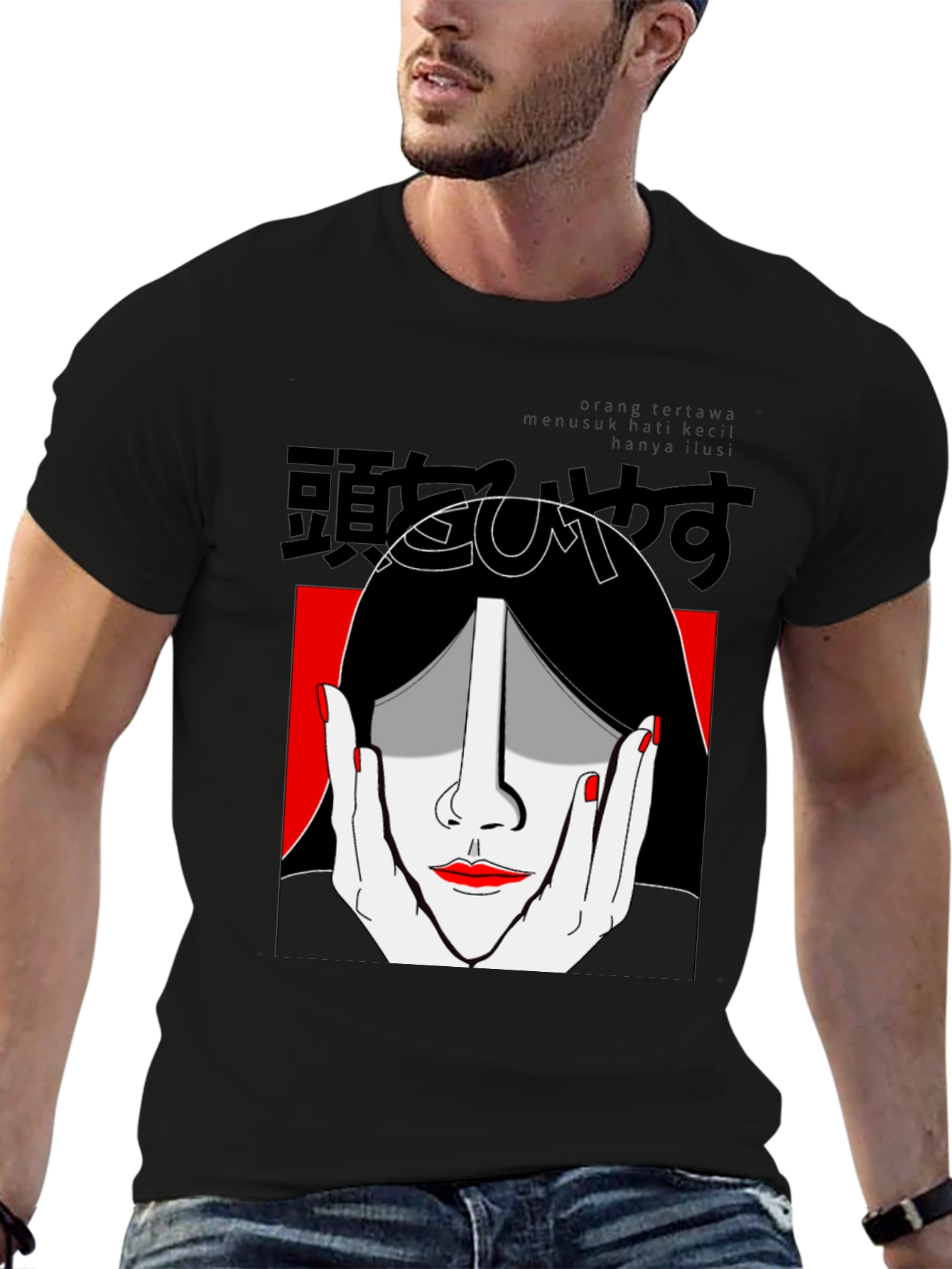 Black Graphic Print Tee - Striking Face Design view 6