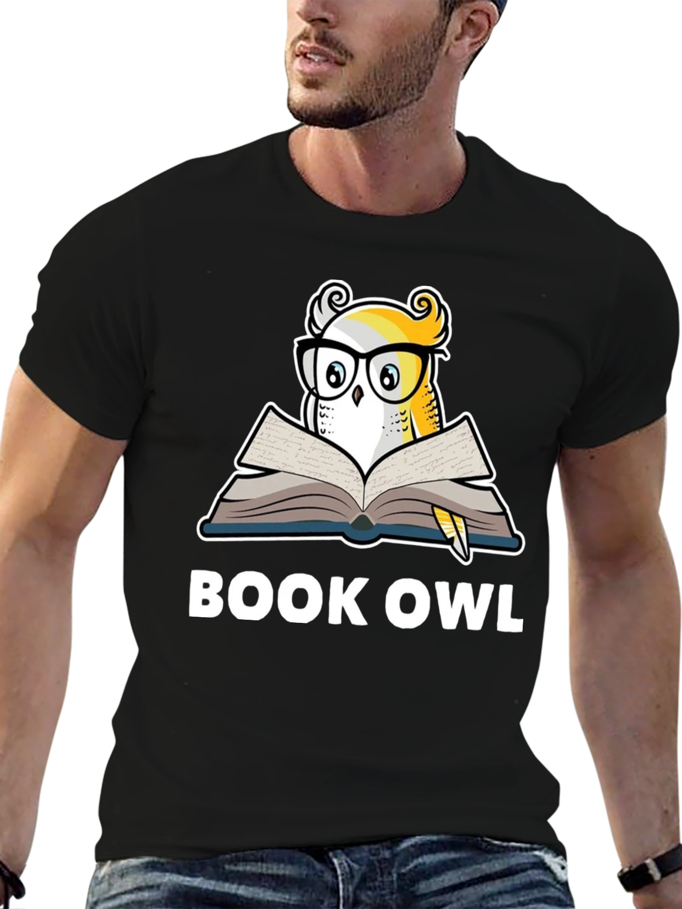 Black Book Owl Graphic T-Shirt - Black Cotton Tee view 6