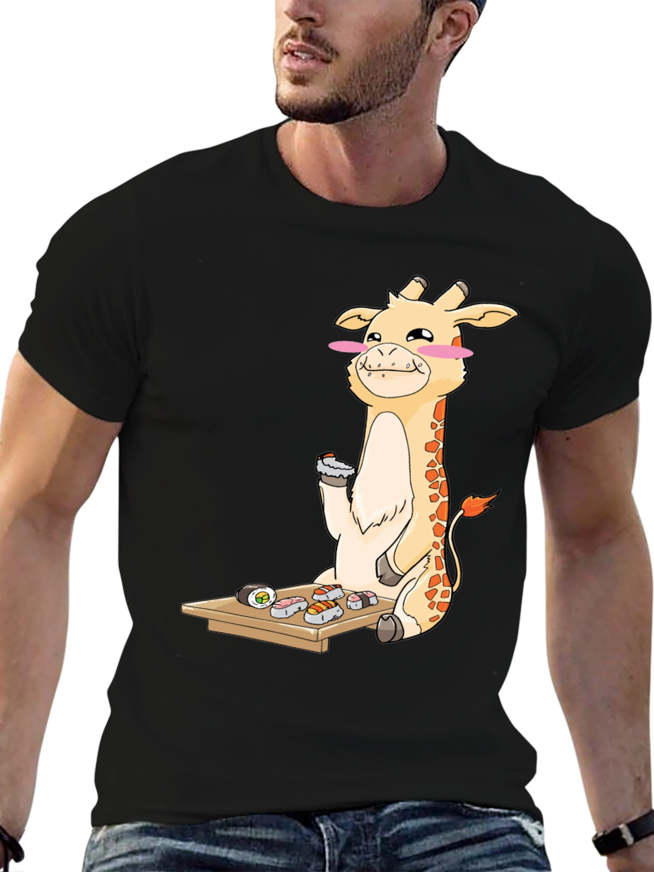 Black Giraffe Sushi Lover T-Shirt - Fun Cartoon Graphic Tee view 6