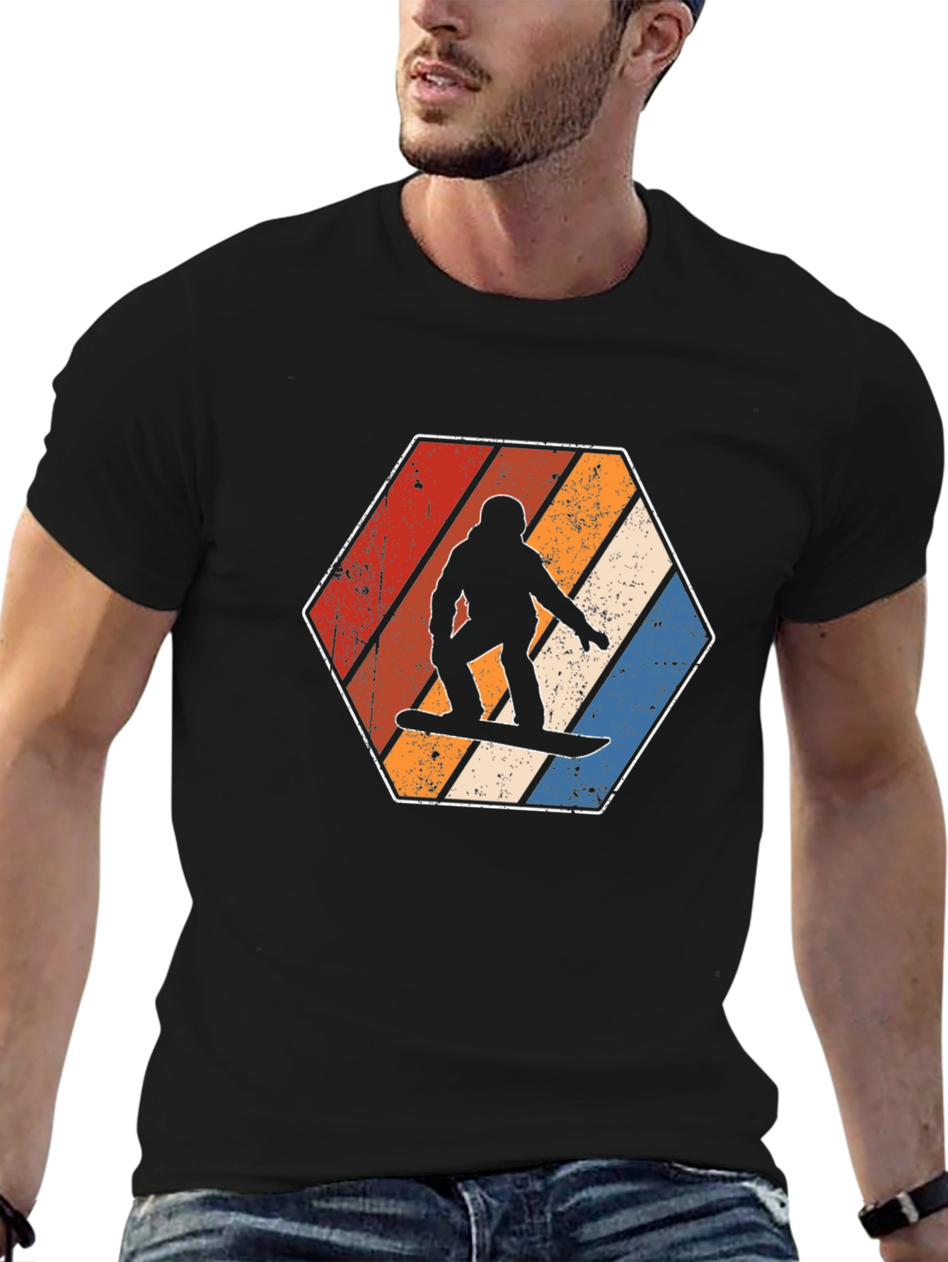 Black Vintage Snowboarder T-Shirt Retro Hexagon Design view 6