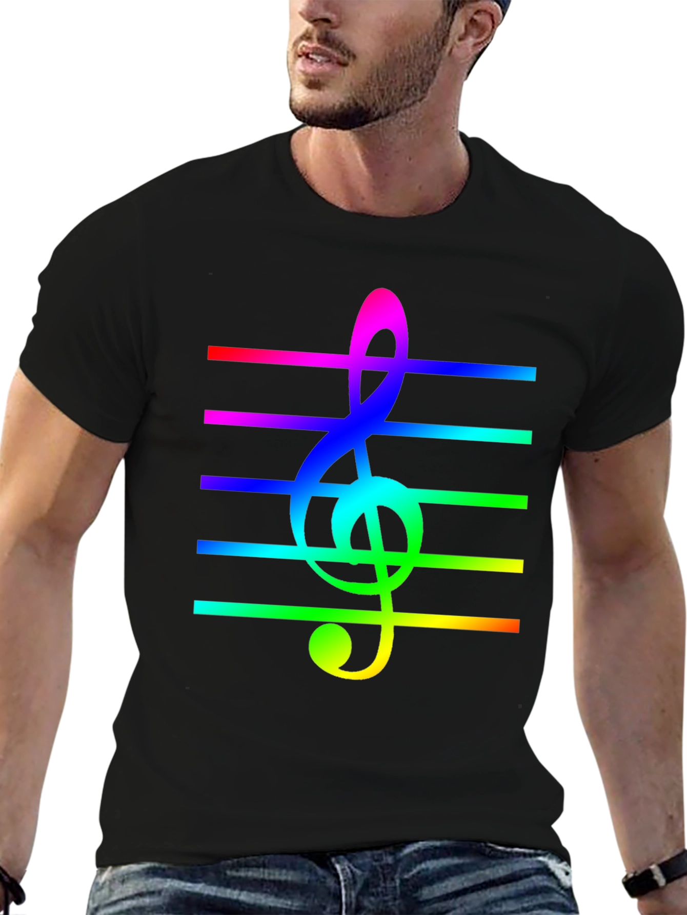 Black Rainbow Treble Clef Music Staff T-Shirt view 6