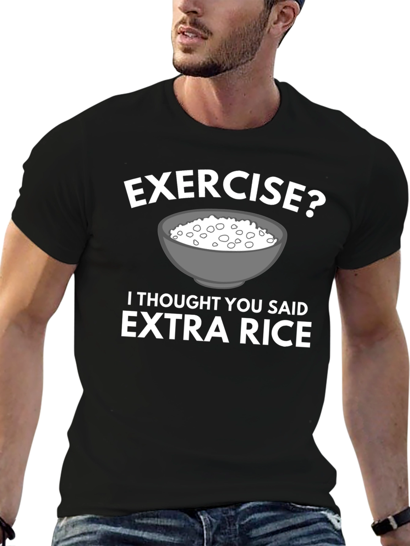Black Exercise? Extra Rice T-Shirt Funny Foodie Tee view 6