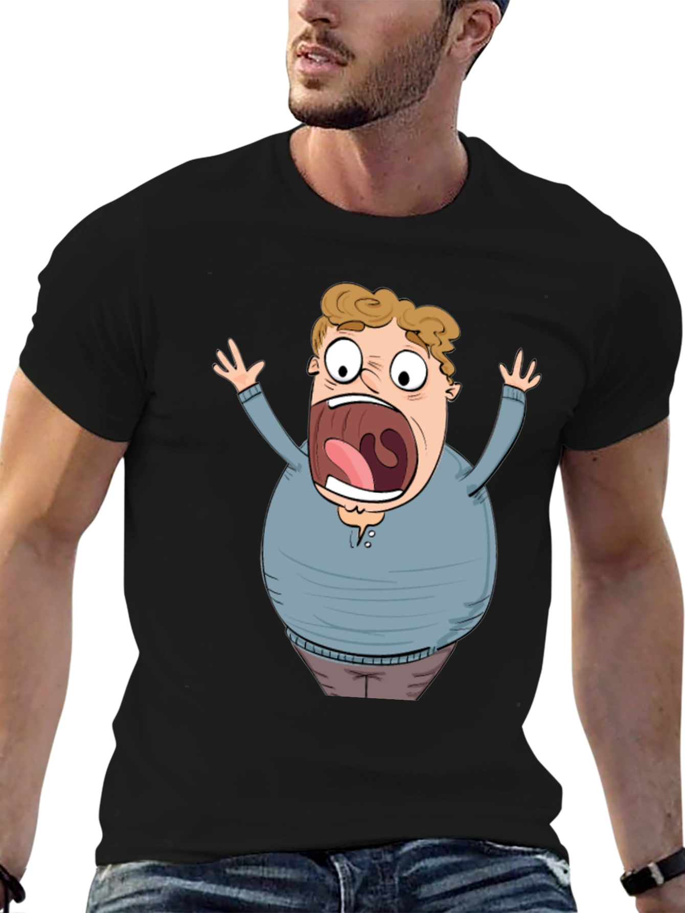 Black Cartoon Scared Man Graphic Black T-Shirt view 6