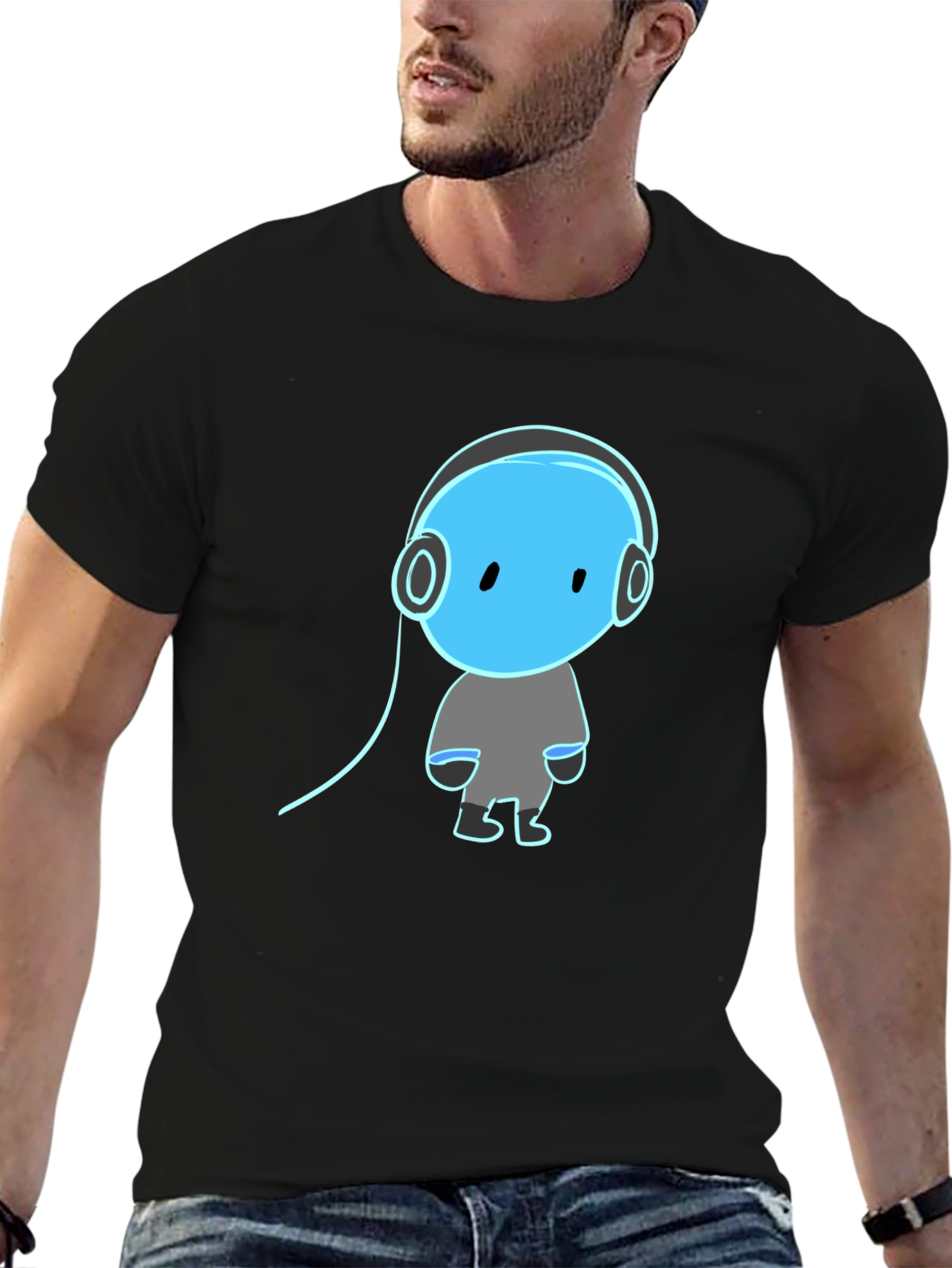 Black Cool Graphic Tee - Blue Headphone Dude view 6