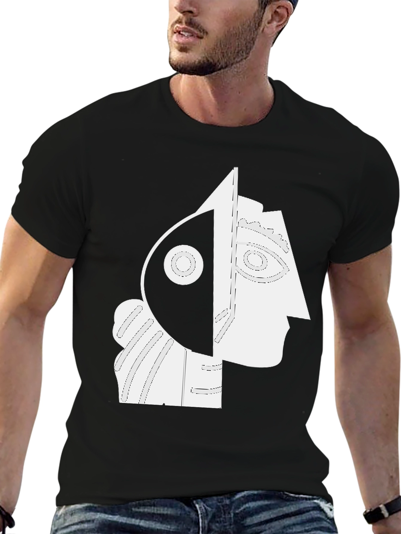 Black Abstract Portrait Graphic Tee - Modern Art Shirt view 6
