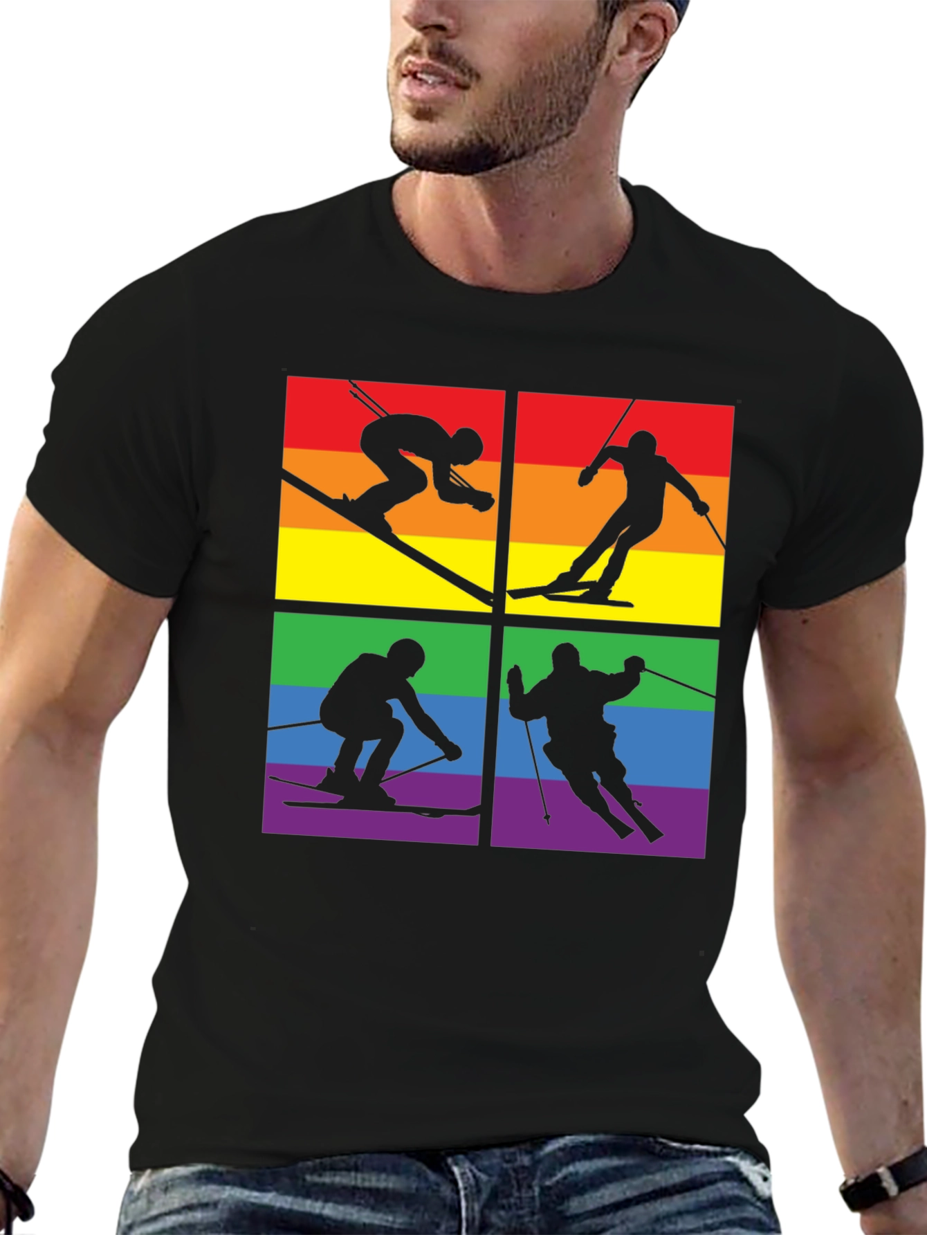 Black LGBTQ+ Pride Skiing T-Shirt view 6