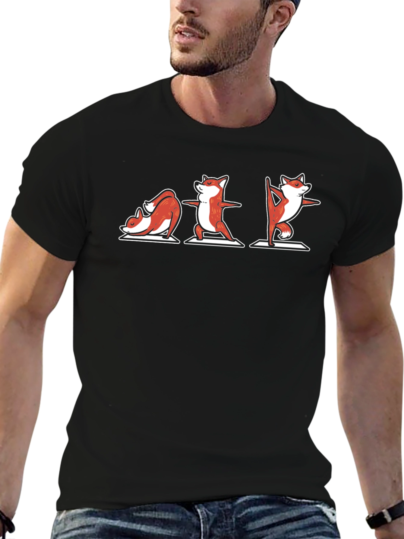 Black Yoga Fox Graphic Tee - Black Cotton T-Shirt view 6