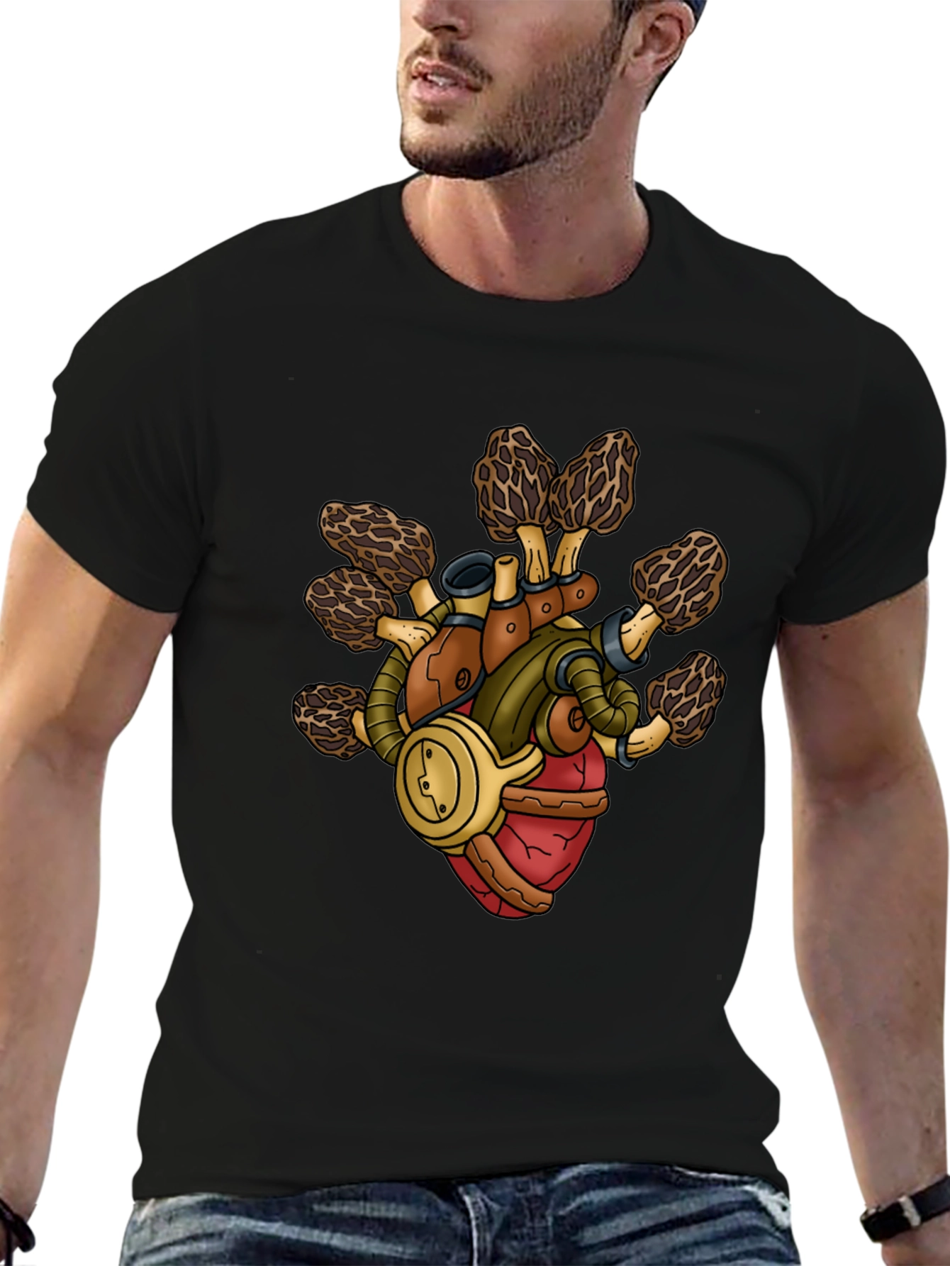 Black Steampunk Mushroom Heart T-Shirt view 6