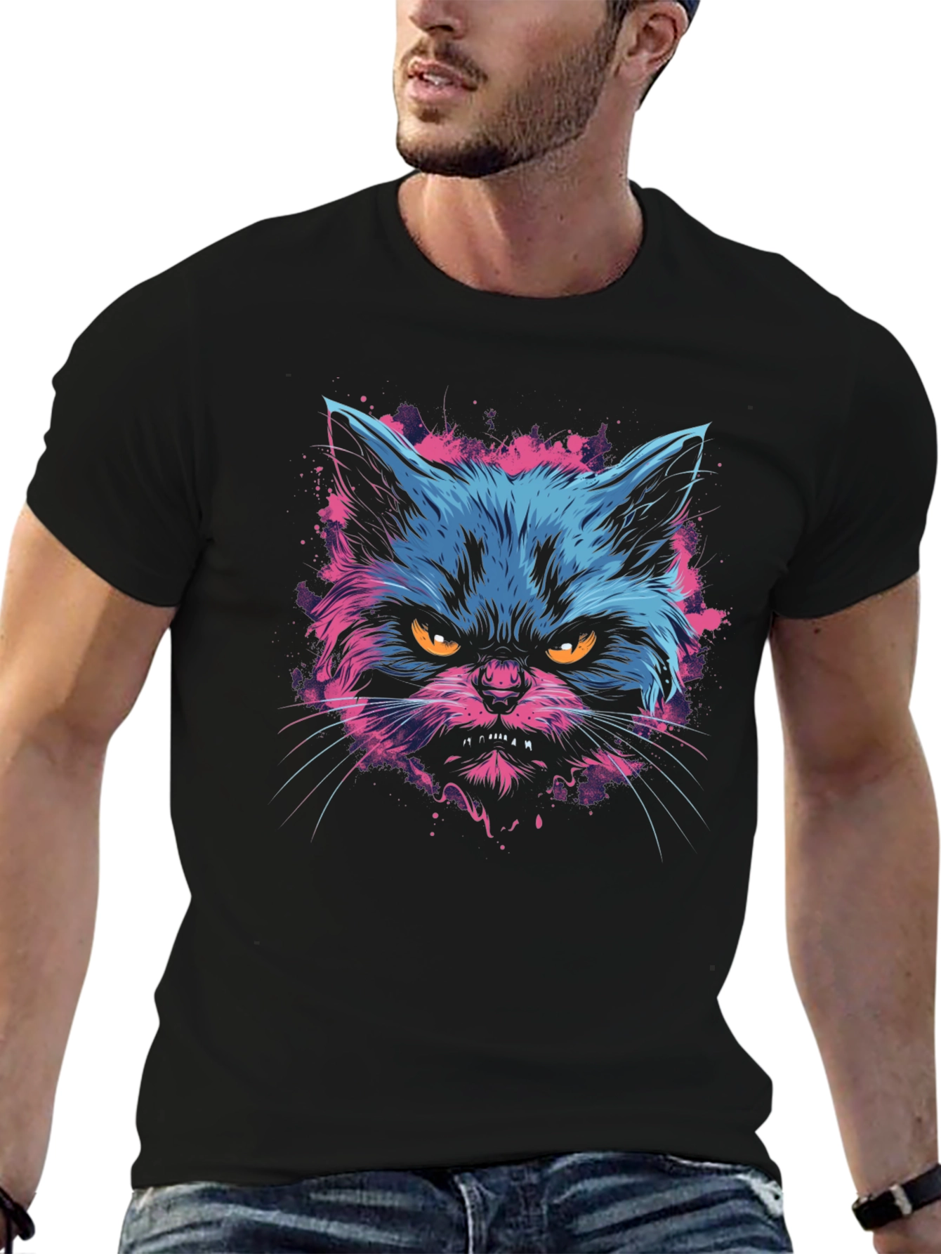 Black Neon Angry Cat Graphic Print Men's T-Shirt view 6