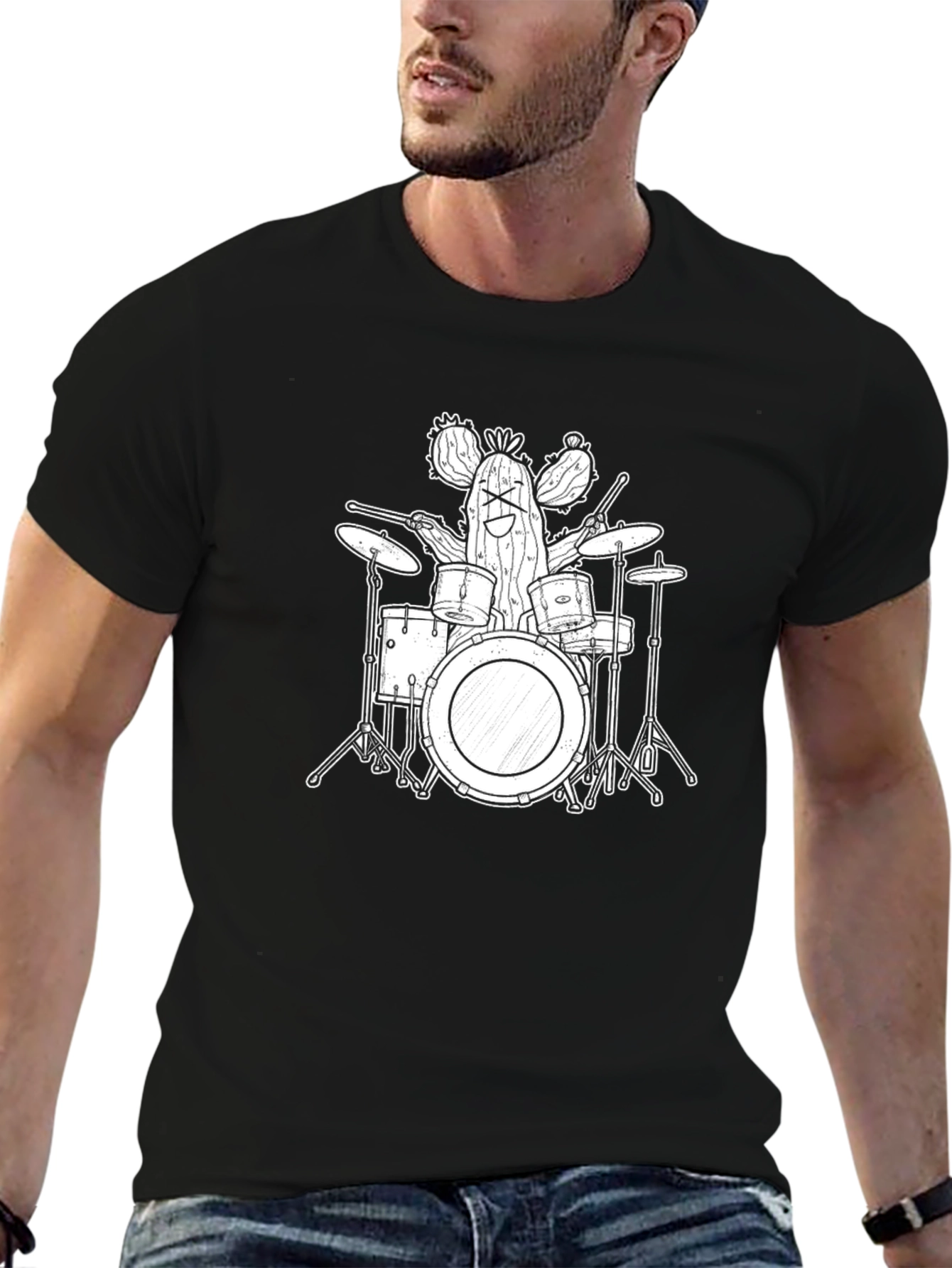 Black Cactus Drummer T-Shirt - Funny Band Tee view 6