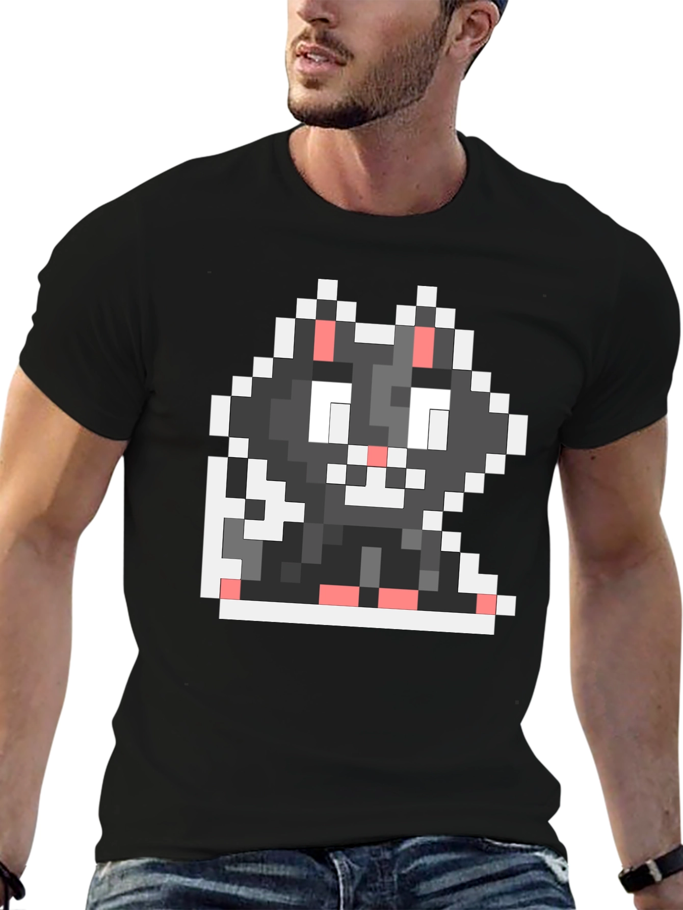 Black Pixel Cat Black T-Shirt view 6