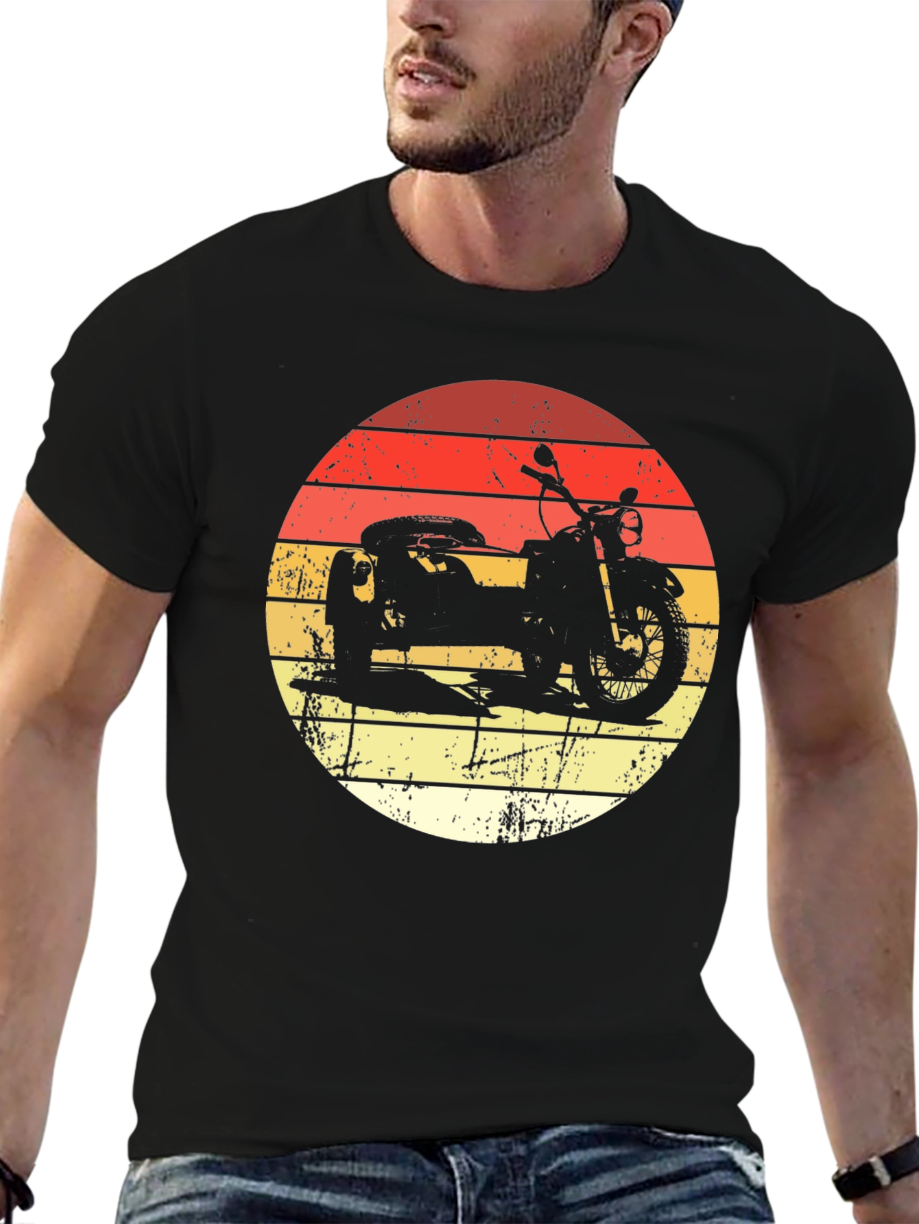 Black Retro Motorcycle & Sidecar Graphic Tee - Black Cotton T-Shirt view 6
