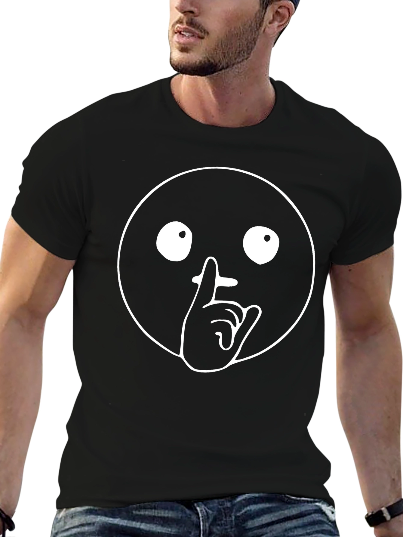 Black Shhh Emoji Graphic Tee - Black Crew Neck view 6