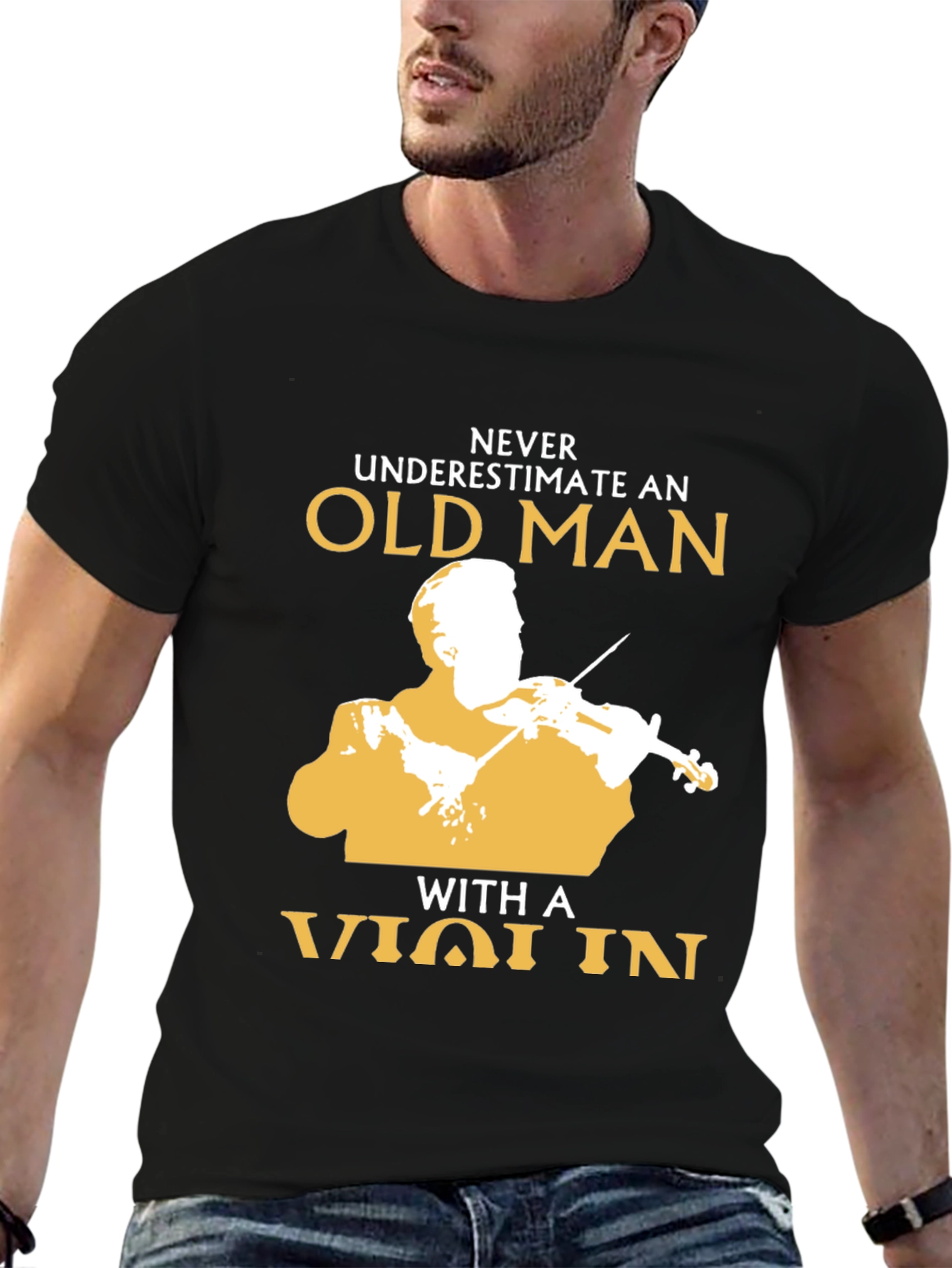 Black Never Underestimate Old Man with Violin Black T-Shirt view 6