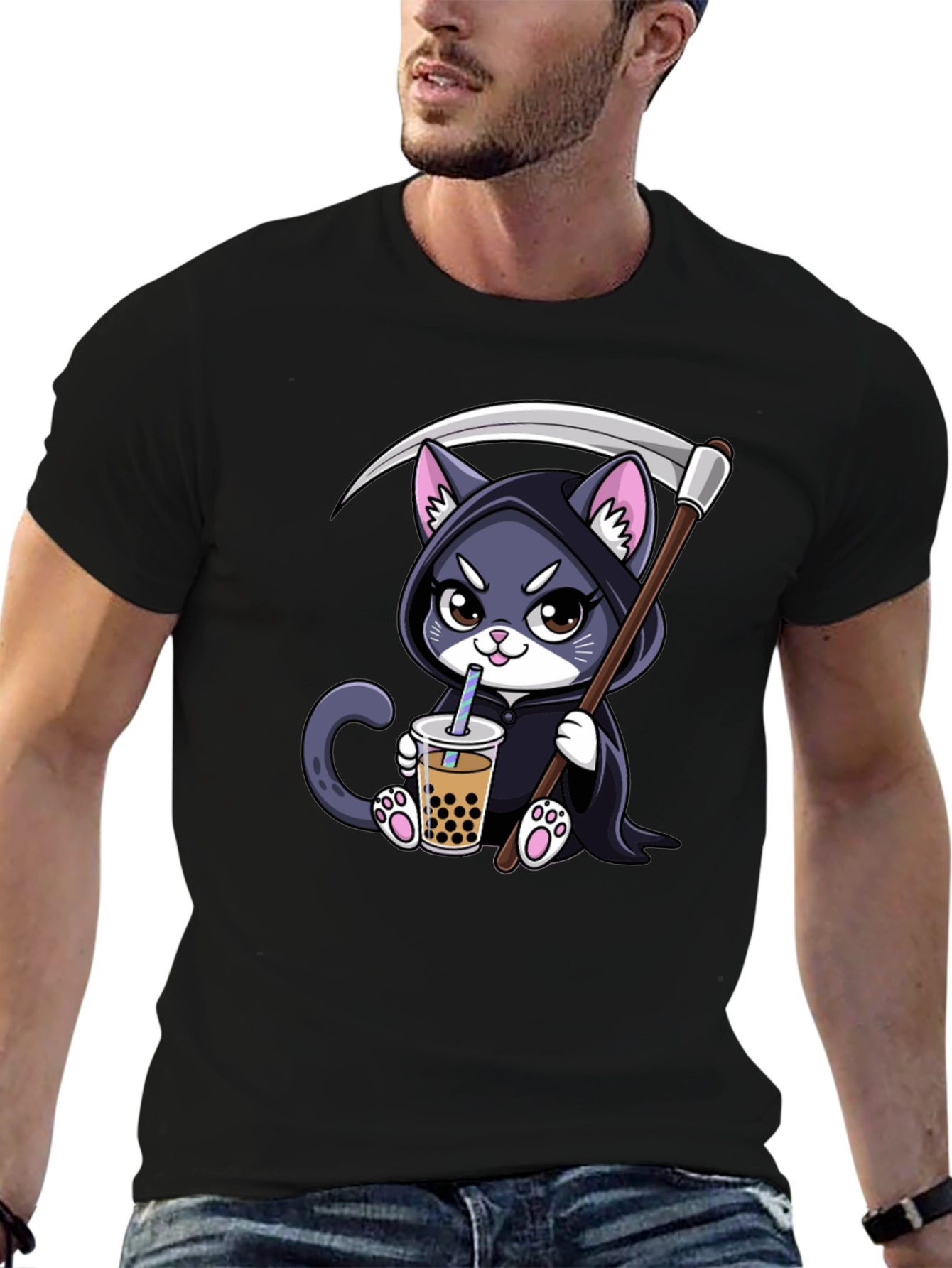 Black Grim Reaper Kitty Boba Tea T-Shirt view 6